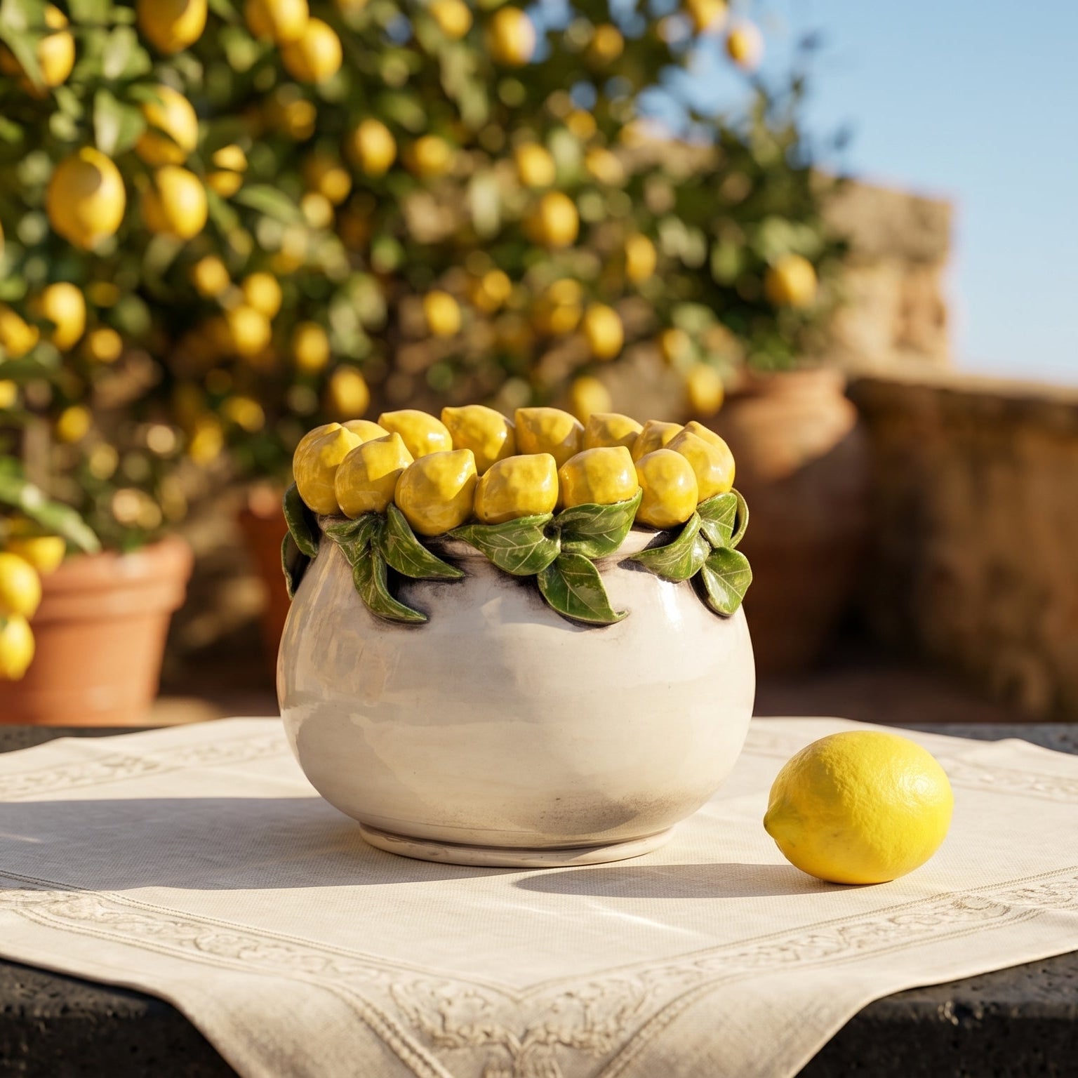 Vaso in Ceramica di Caltagirone h 16 cm — Limoni di Sicilia, Madreperla Colorato