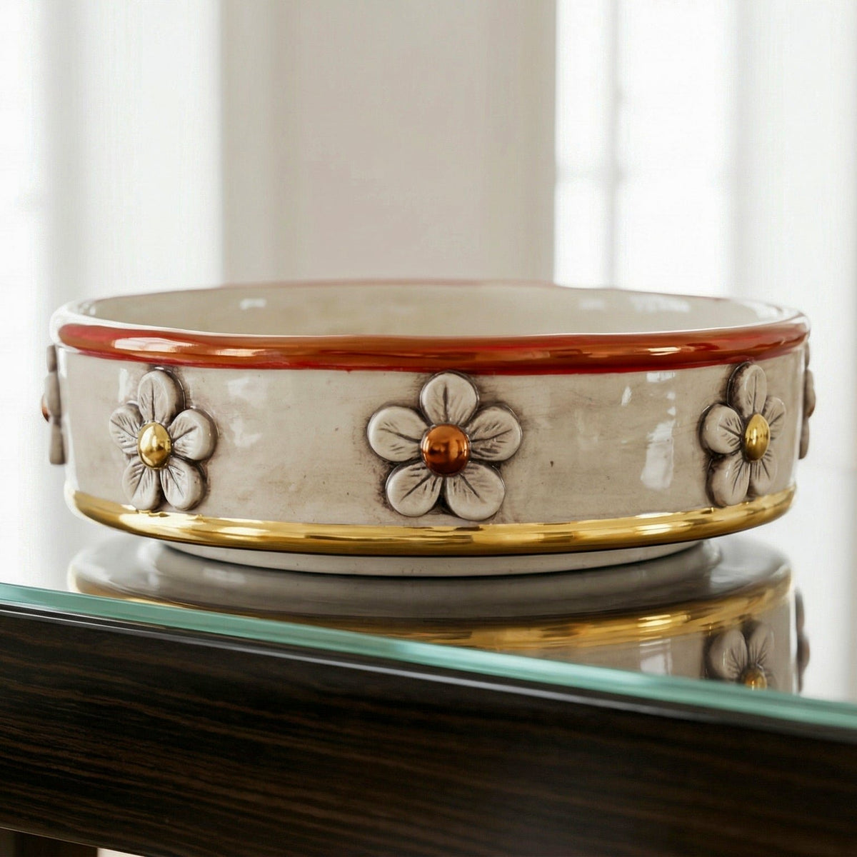 Centrotavola con Fiori in Ceramica di Caltagirone Ø 20 cm - Madreperla Antichizzato Oro e Lustri