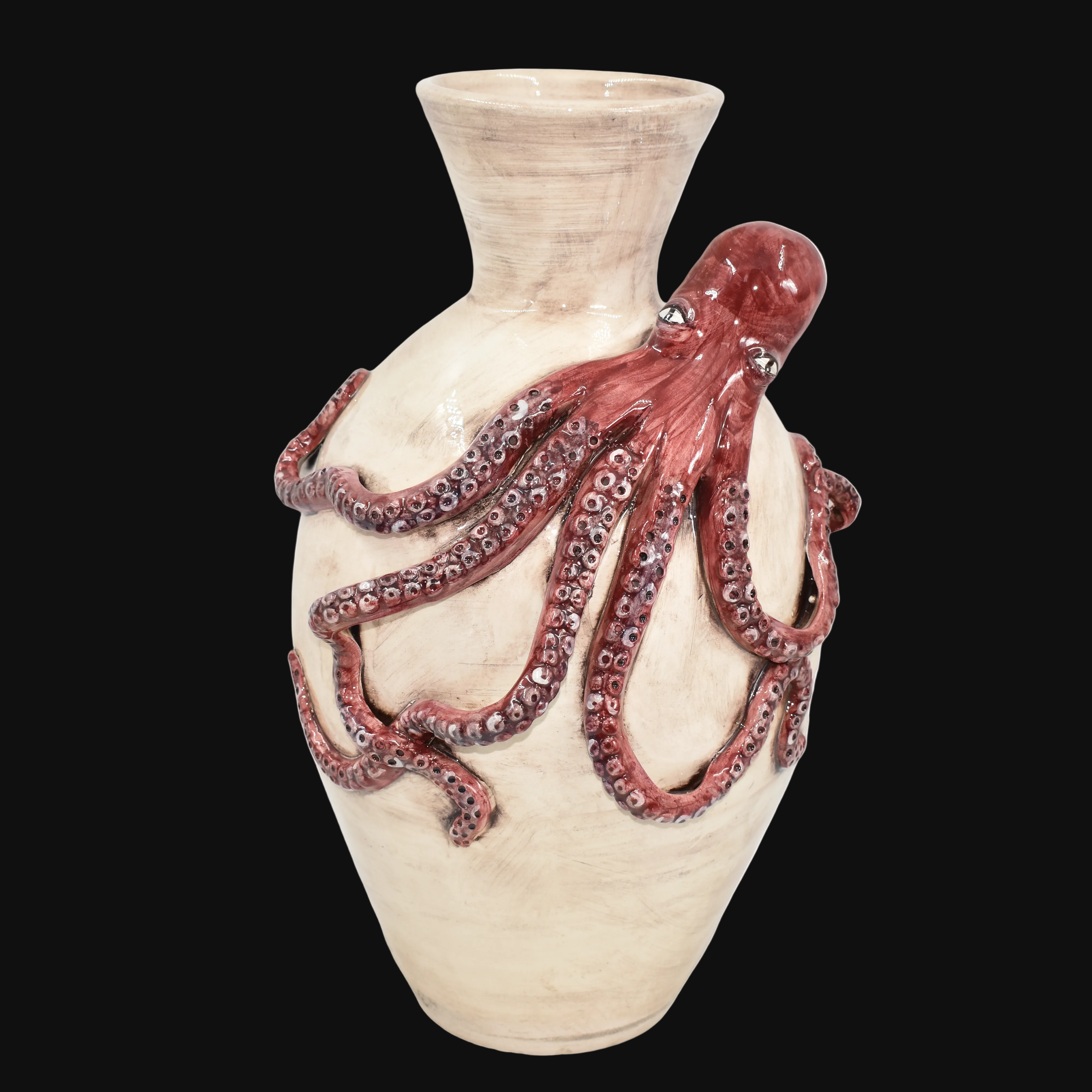 Vaso in ceramica di Caltagirone h 40 cm con polpo rosso in rilievo su fondo madreperla antichizzato