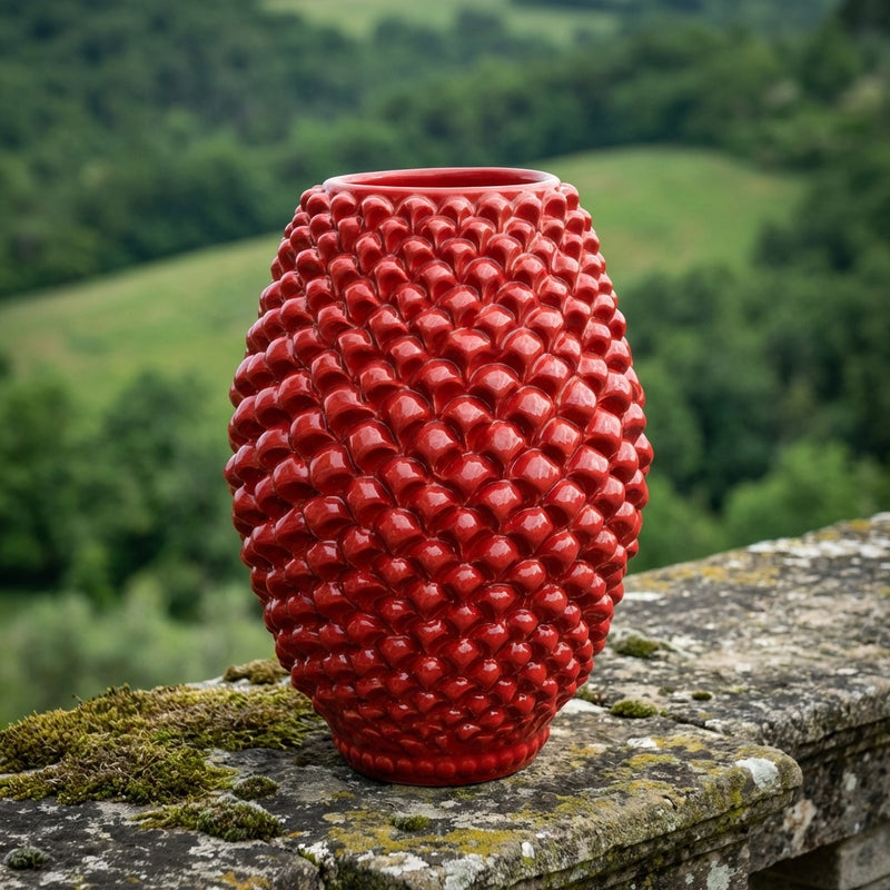 Vaso pigna botte artigianale in ceramica di Caltagirone modellata a mano Rosso Fuoco