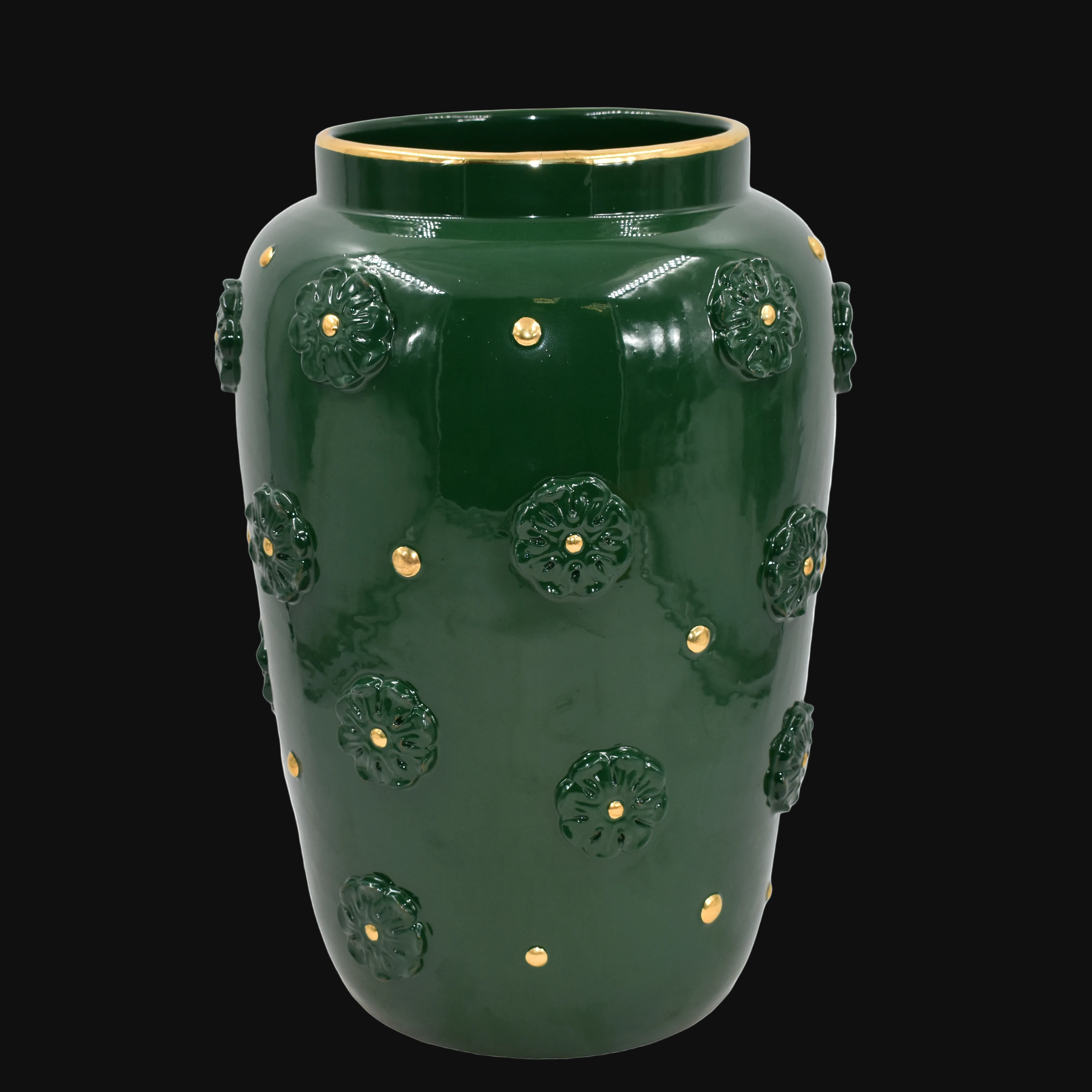 Vaso in Ceramica di Caltagirone h 37 cm — Rosone, Verde Antico e Oro