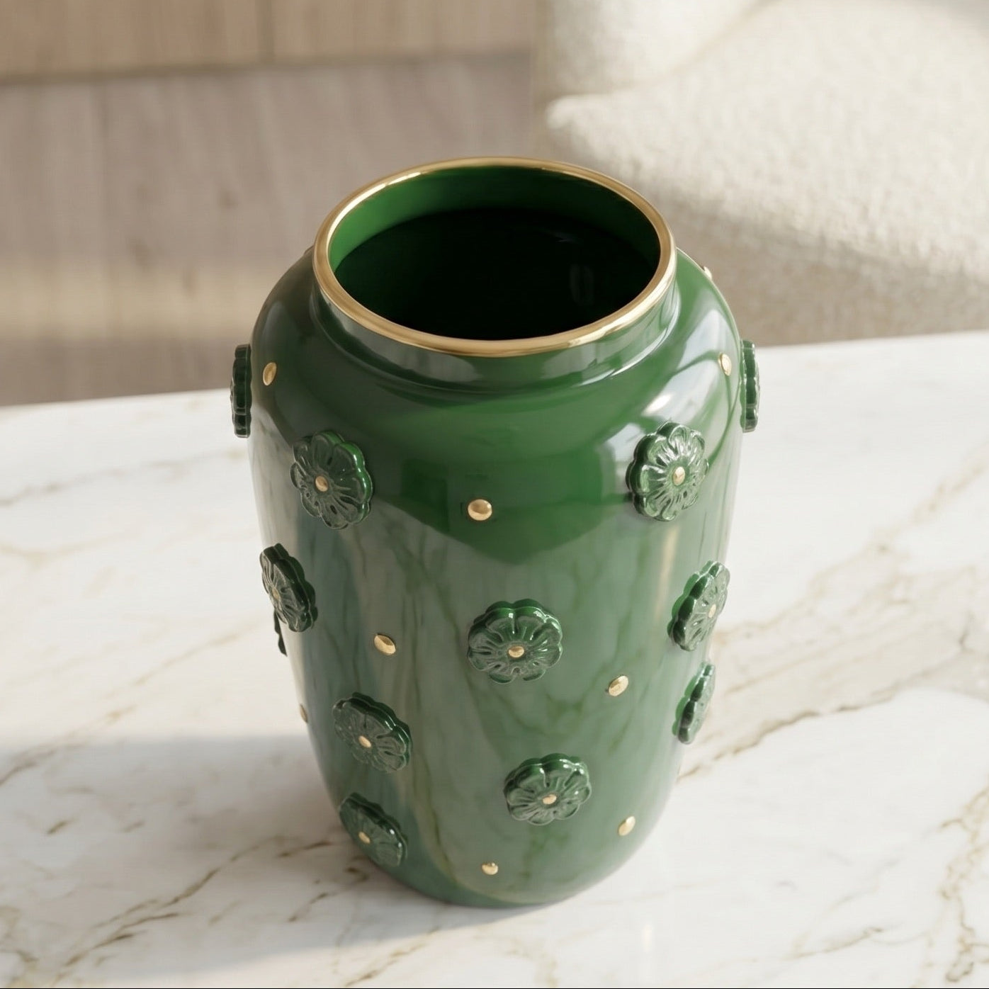 Vaso in Ceramica di Caltagirone h 37 cm — Rosone, Verde Antico e Oro