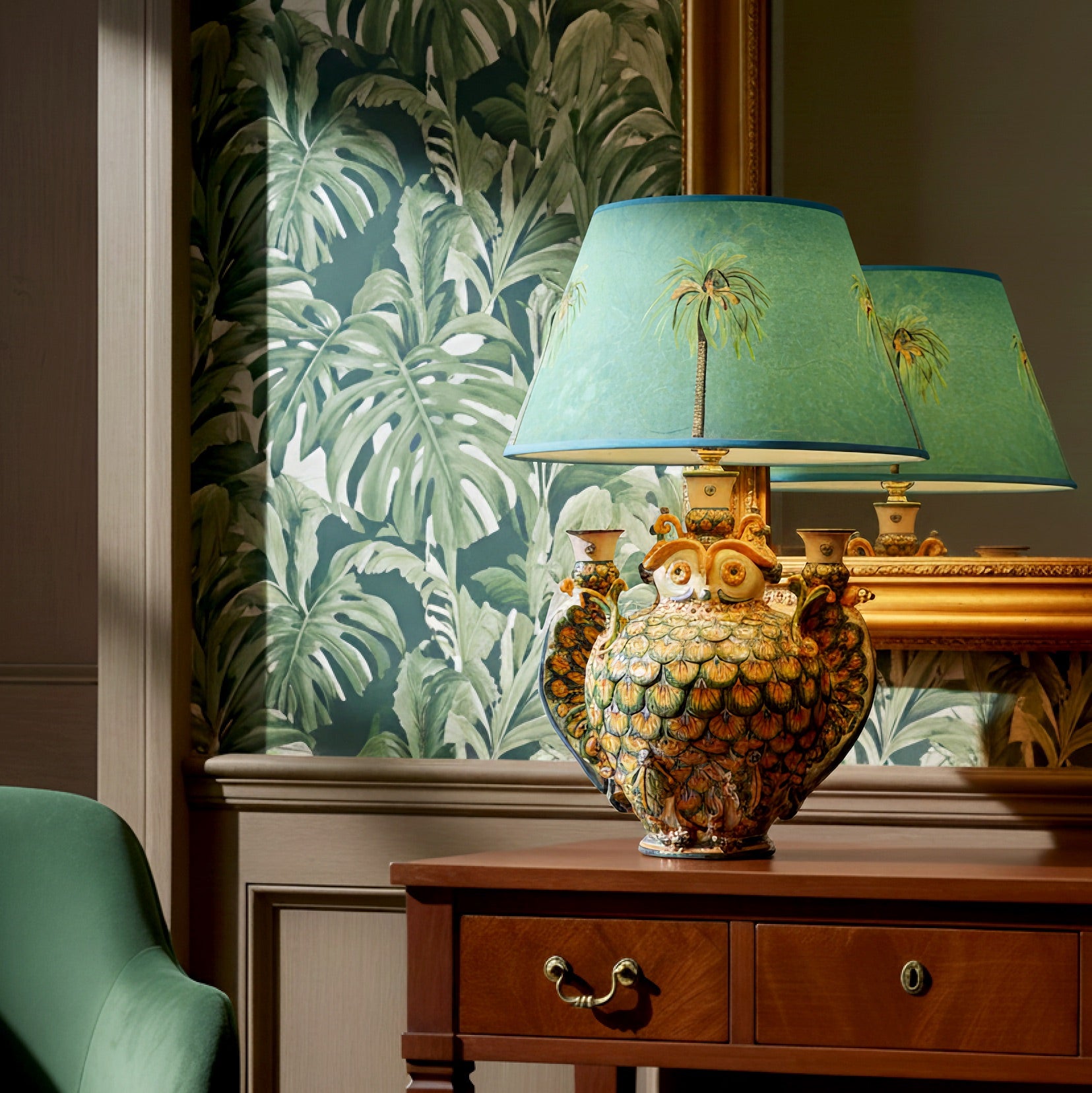 Lume a gufo c/portacandele h 35 coda pavone verde/arancio (h60 c/paralume Ø40)