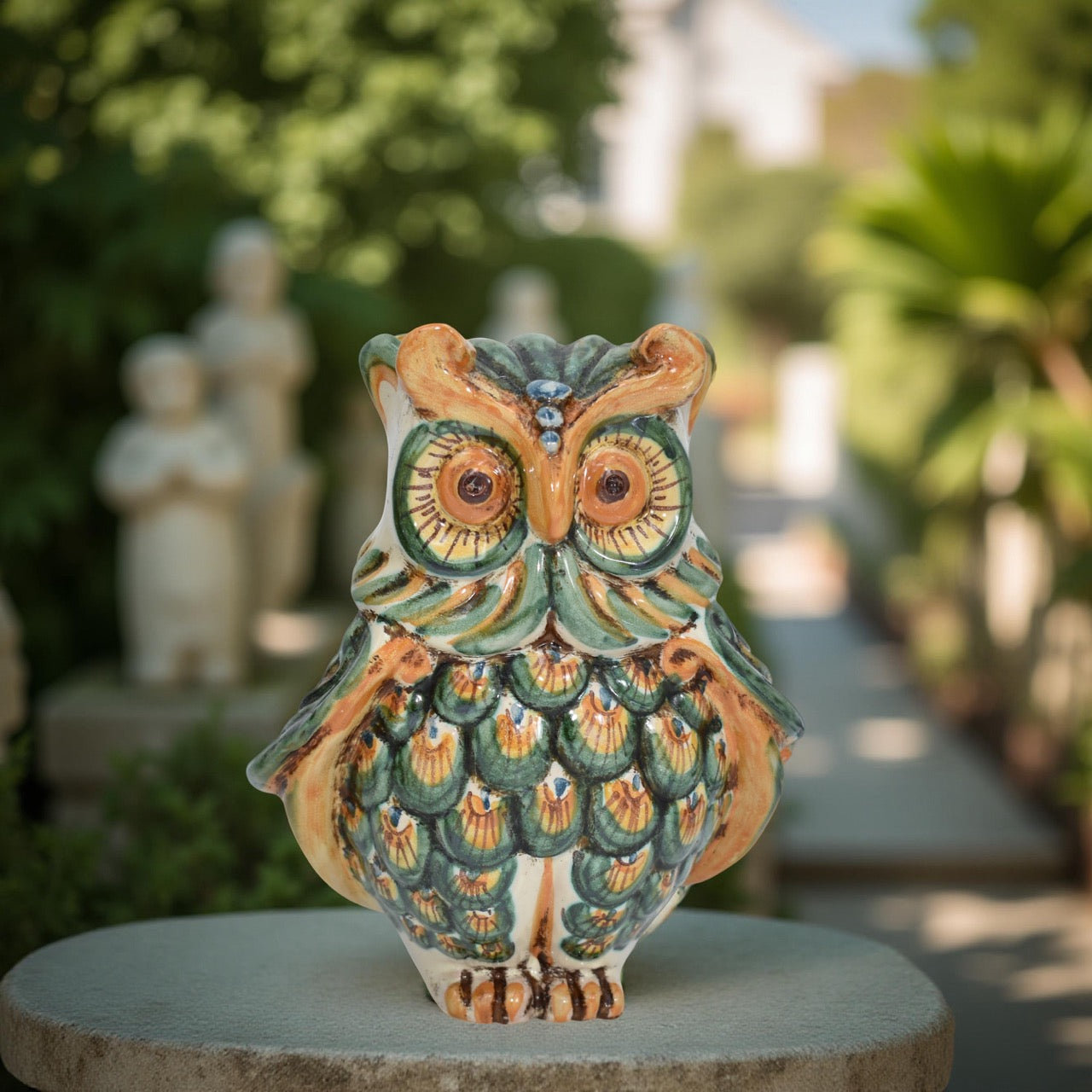 Gufo h 15 verde/arancio - Animali in ceramica