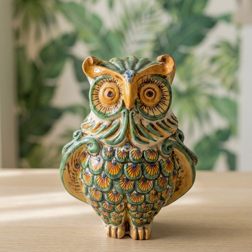 Gufo h 20 verde/arancio - Animali in ceramica