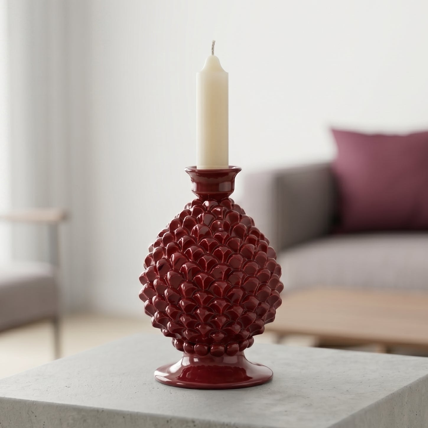 Portacandela a Pigna in Ceramica di Caltagirone h 18 cm — Bordeaux | Bomboniera