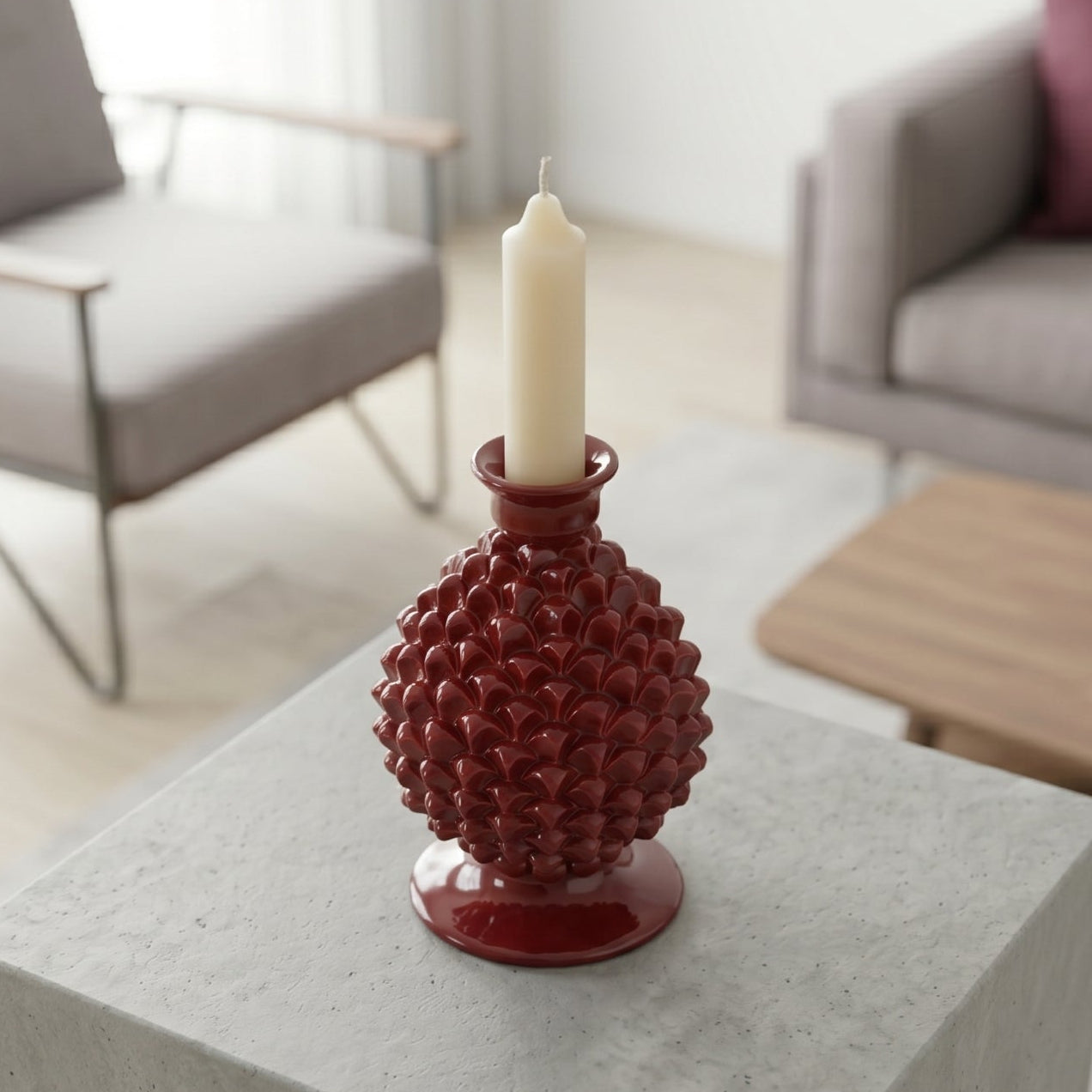 Portacandela a Pigna in Ceramica di Caltagirone h 18 cm — Bordeaux | Bomboniera