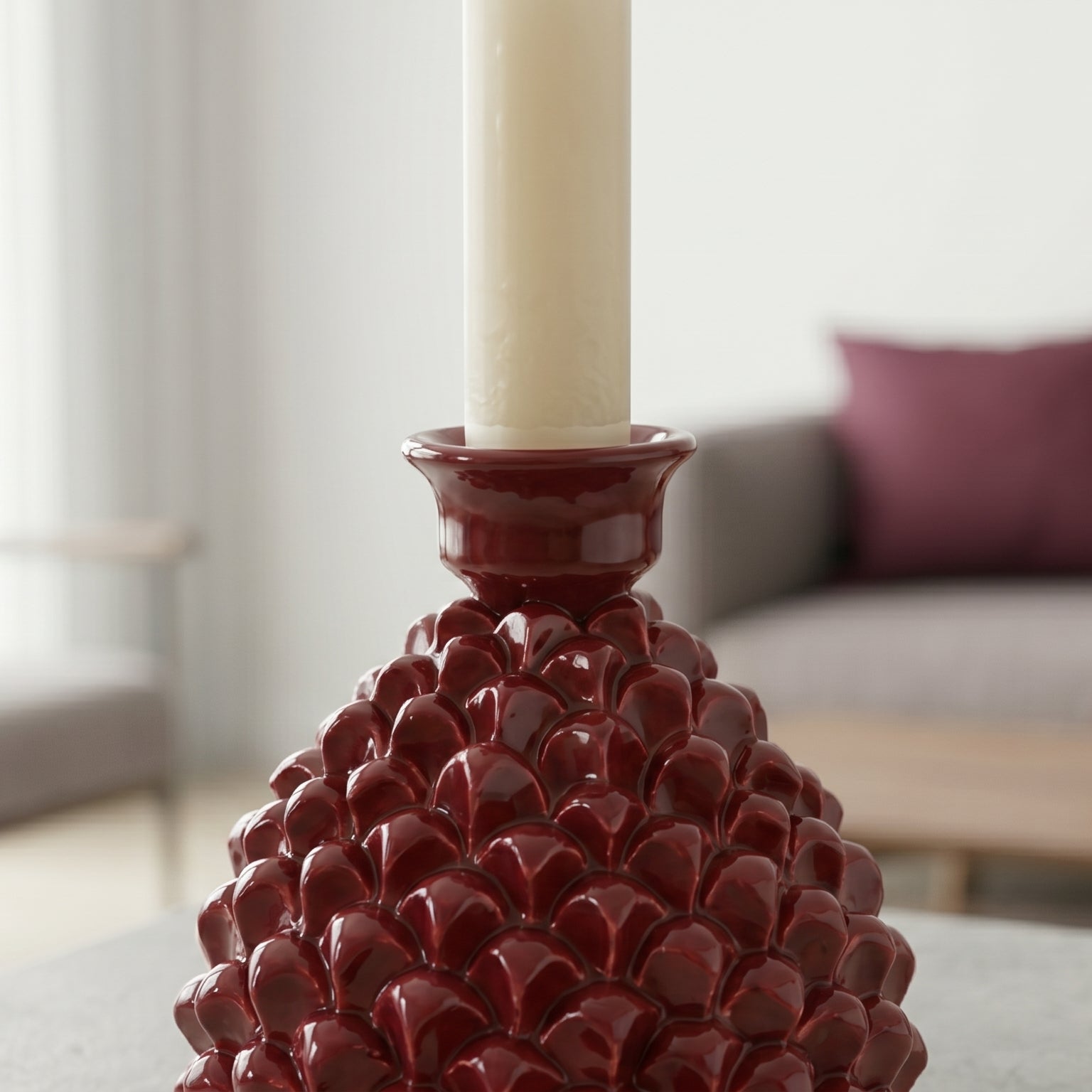 Portacandela a Pigna in Ceramica di Caltagirone h 18 cm — Bordeaux | Bomboniera