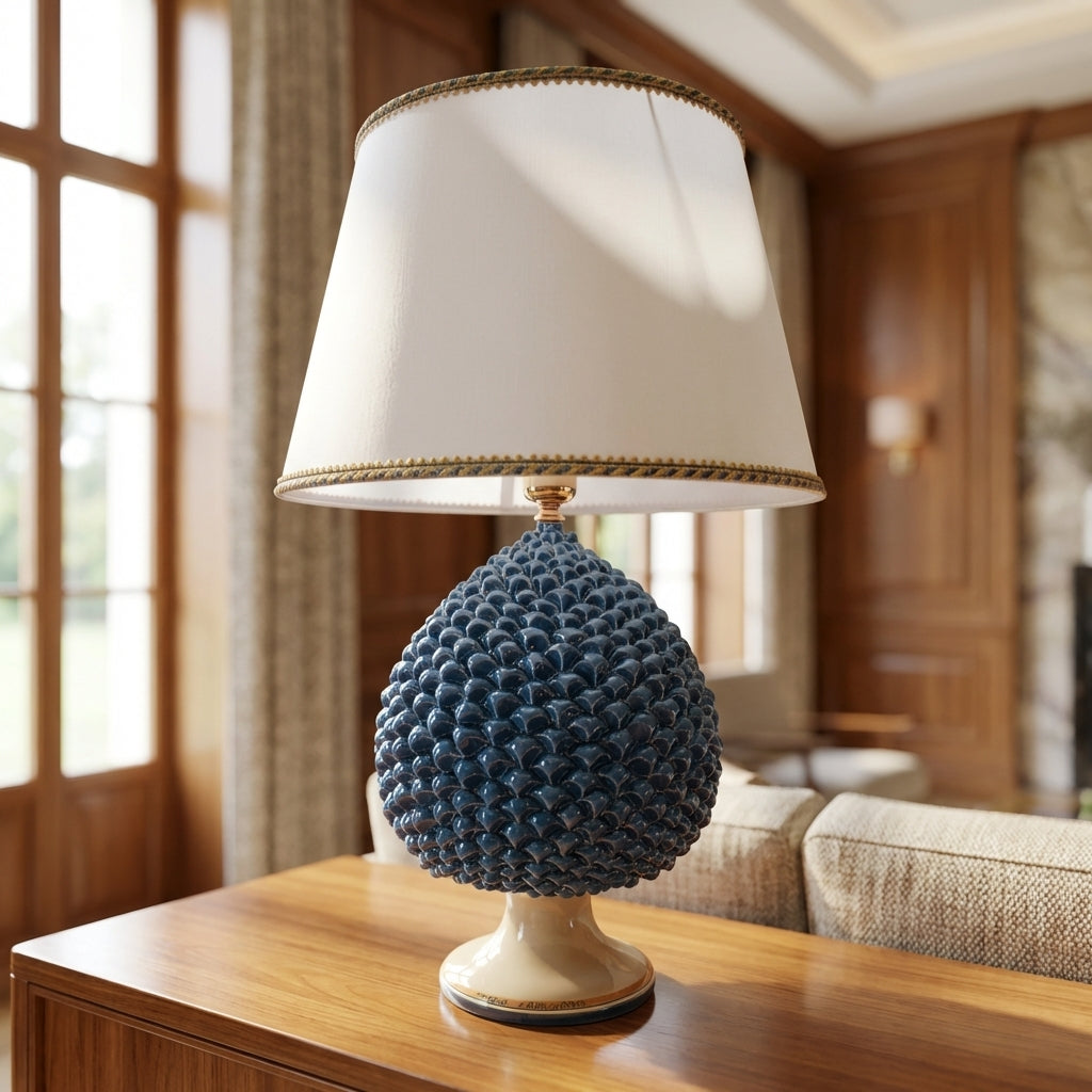 Pinienzapfen-Tischlampe, Blau und Orange – Italienische Keramik aus Caltagirone, Sizilien