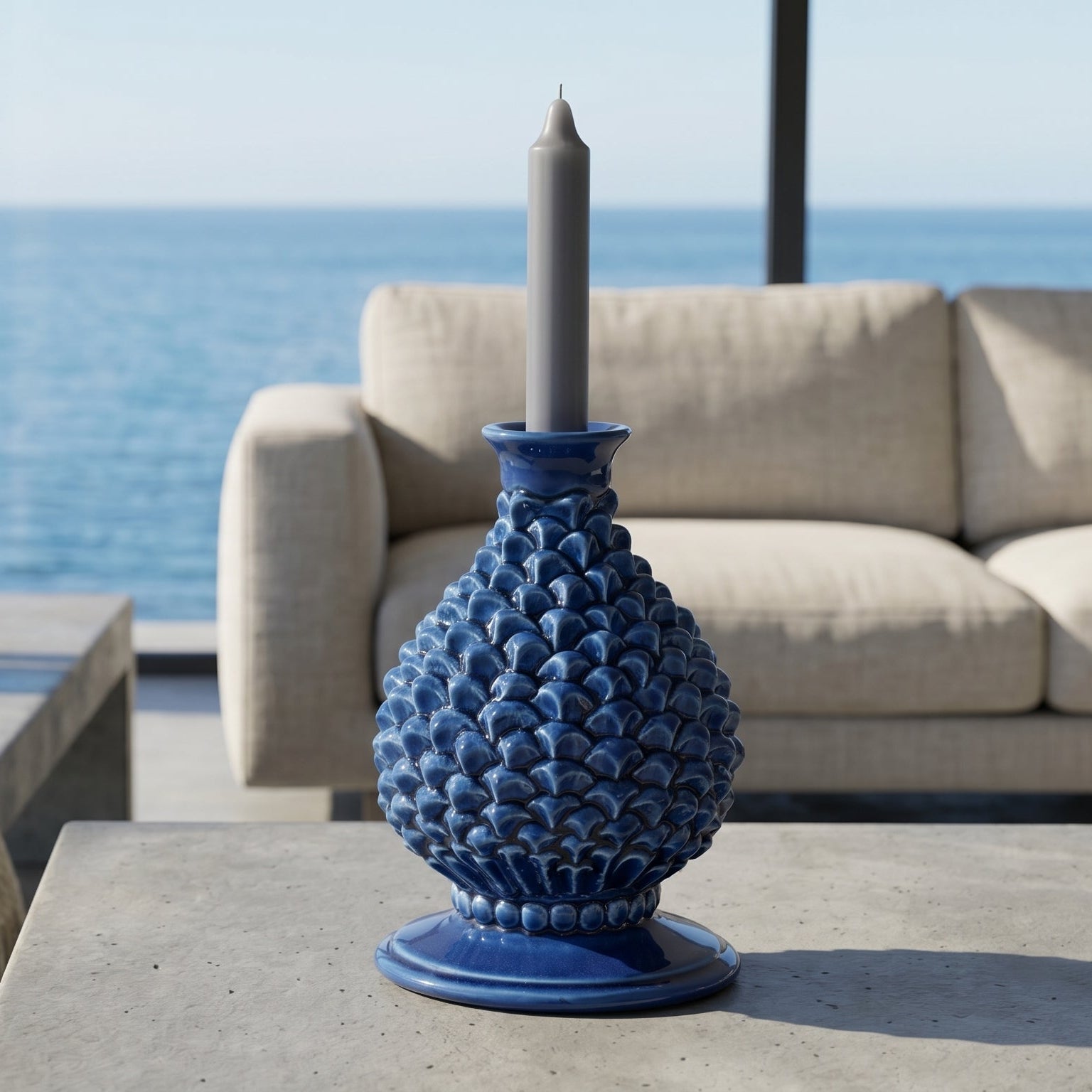 Portacandela a Pigna in Ceramica di Caltagirone h 18 cm — Blu Intenso | Bomboniera