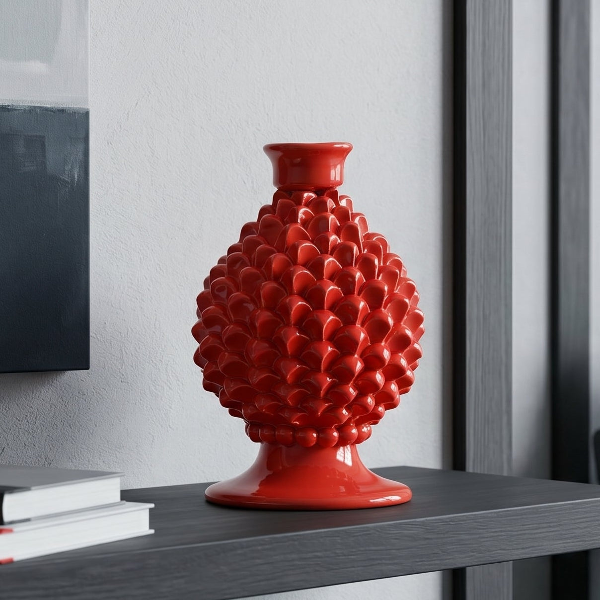 Portacandela a Pigna in Ceramica di Caltagirone h 18 cm — Rosso Fuoco | Bomboniera