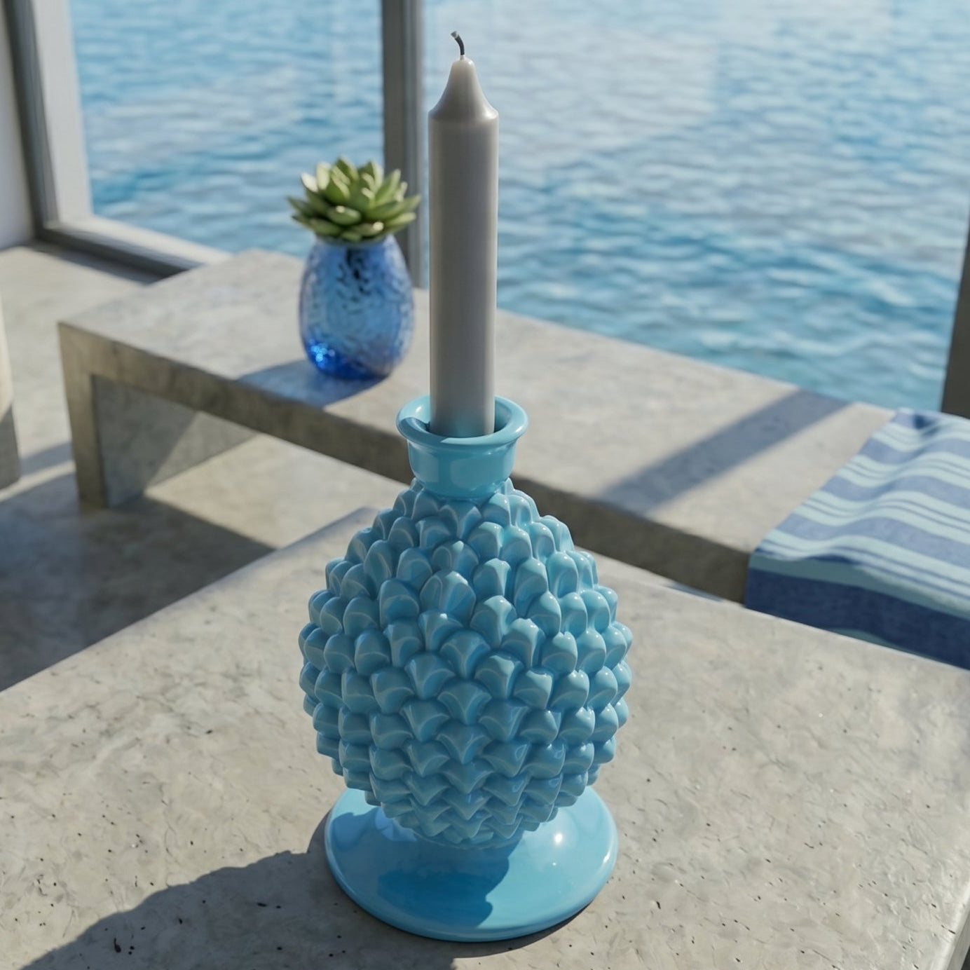 Portacandela a Pigna in Ceramica di Caltagirone h 18 cm — Turchese | Bomboniera