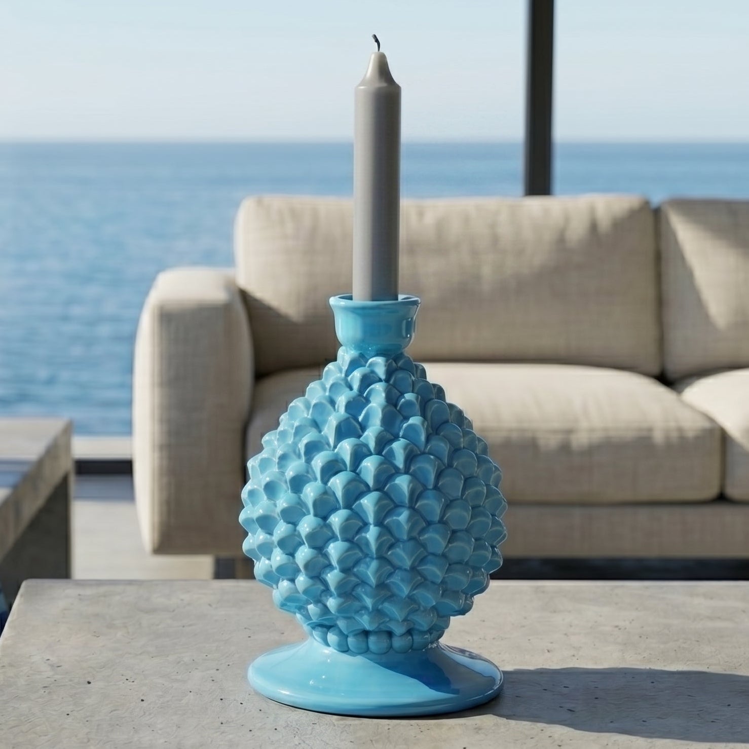 Portacandela a Pigna in Ceramica di Caltagirone h 18 cm — Turchese | Bomboniera
