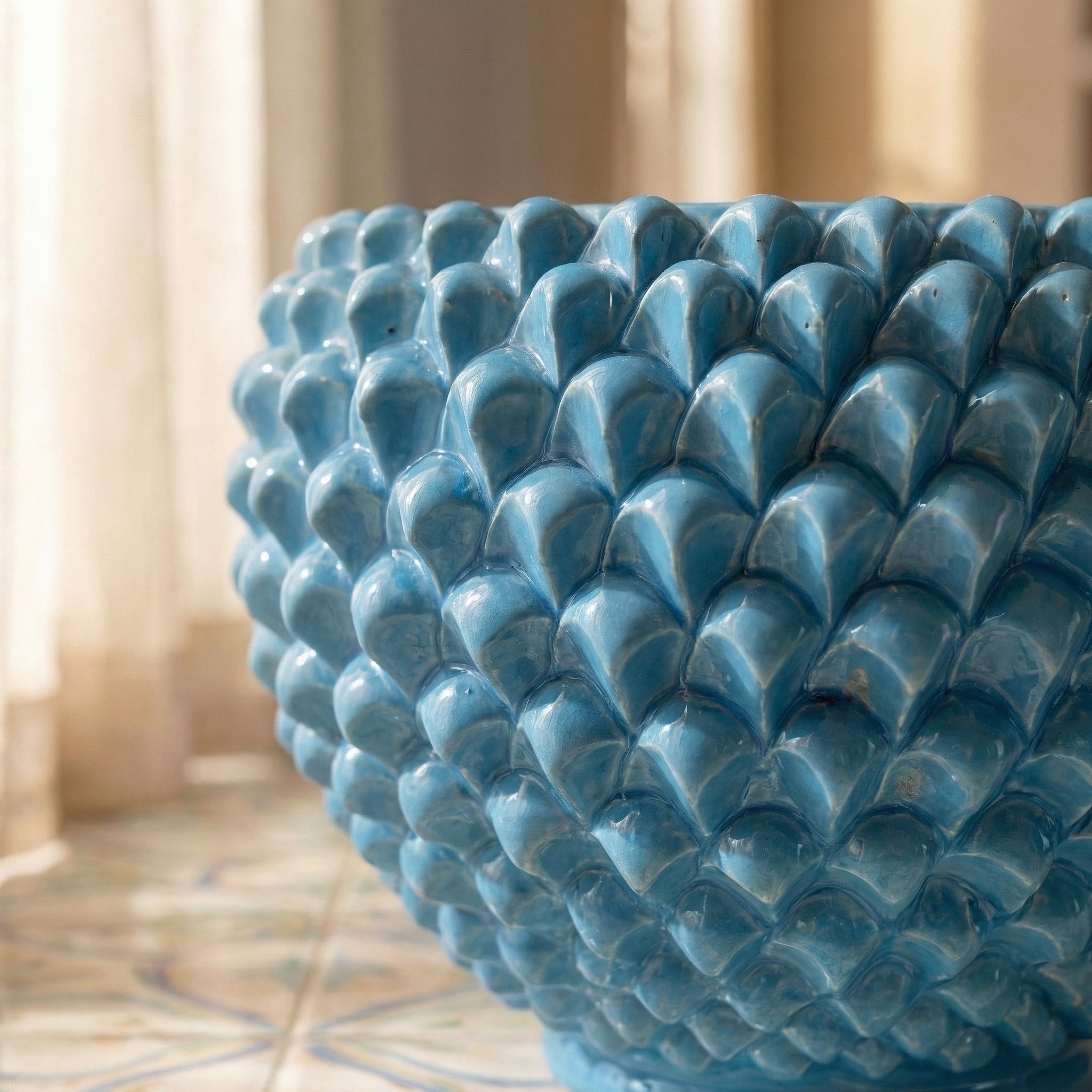Cachepot a pigna turchese in ceramica artigianale di Caltagirone