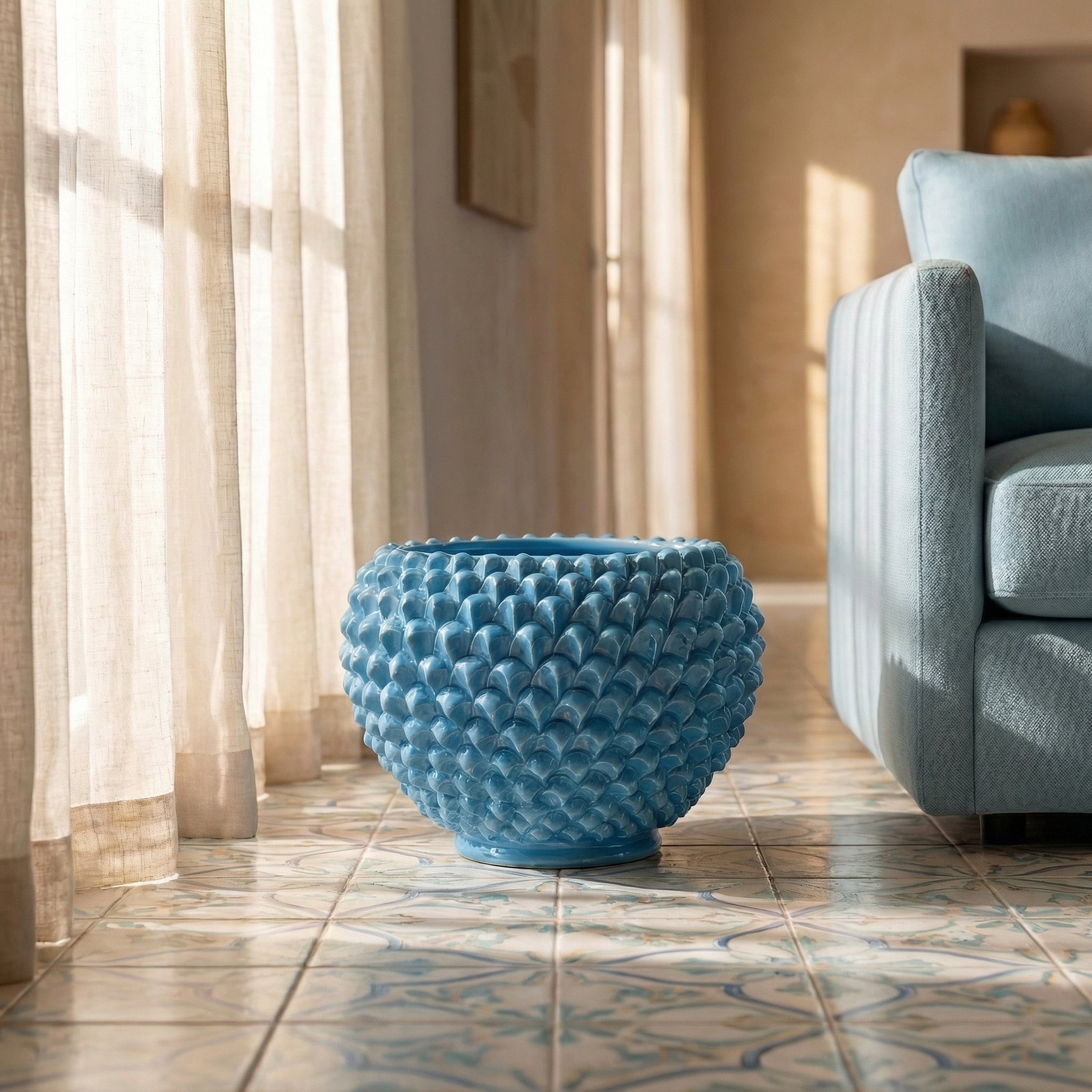 Cachepot a pigna turchese in ceramica artigianale di Caltagirone