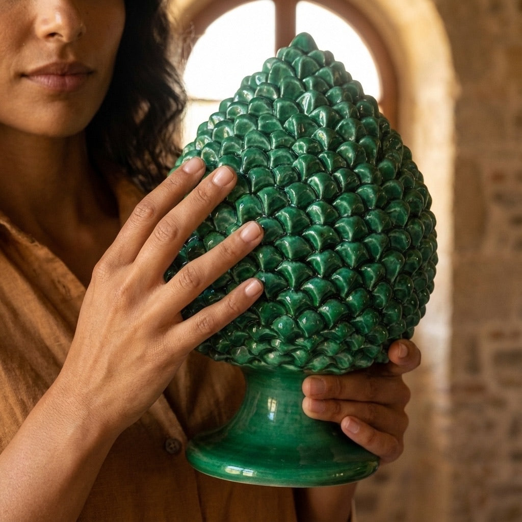 Pigna artigianale di Caltagirone modellata a mano altezza 15/40 verde smeraldo