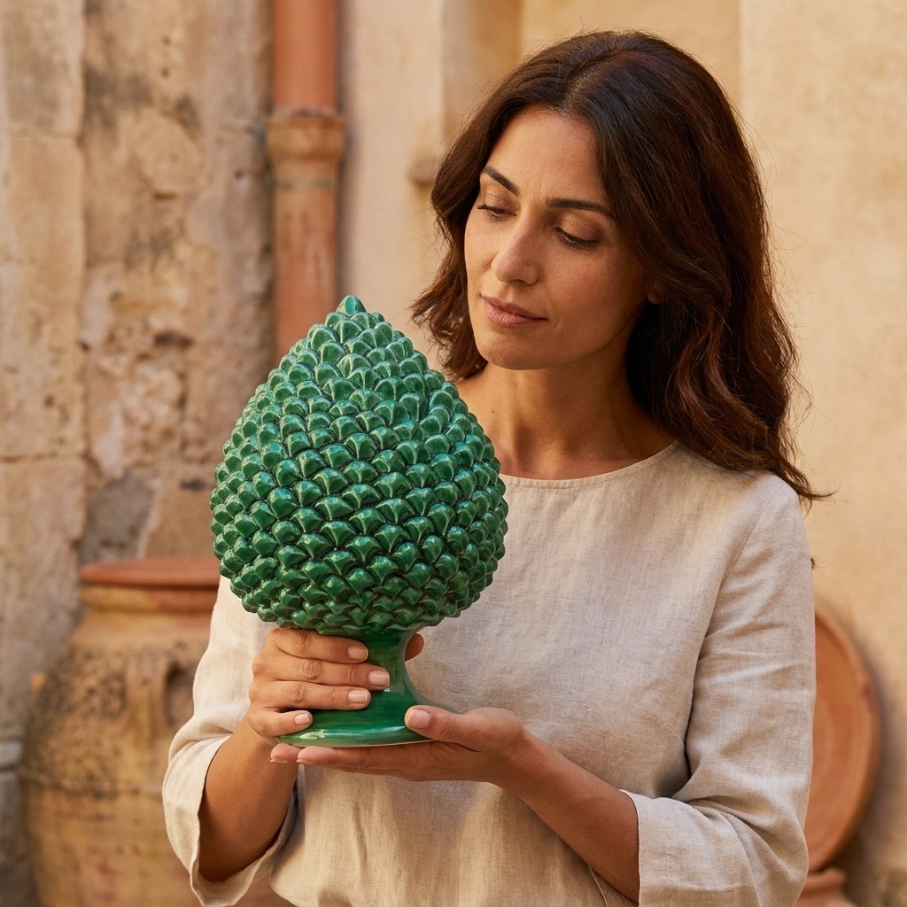 Pigna artigianale di Caltagirone modellata a mano altezza 15/40 verde smeraldo