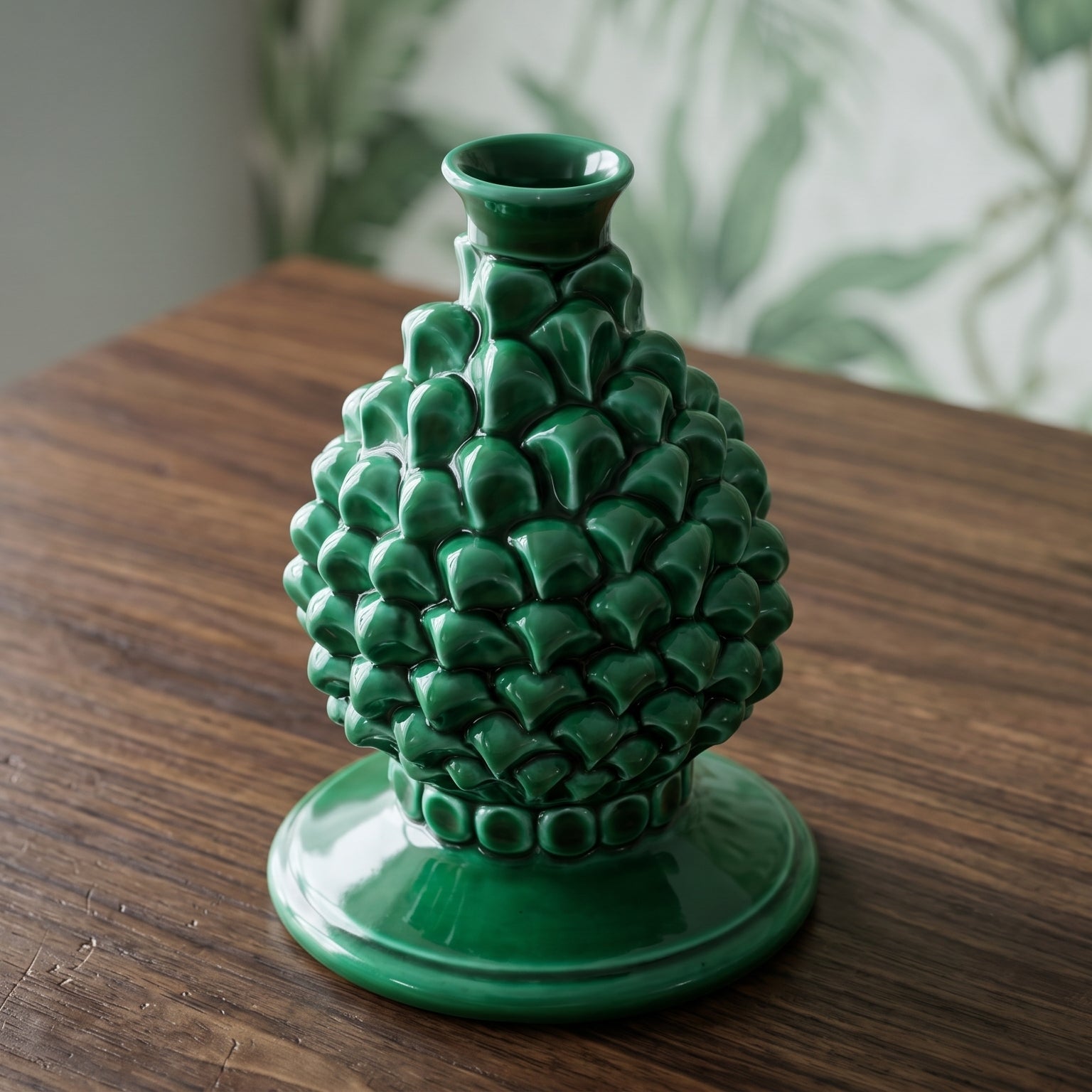 Portacandela a Pigna in Ceramica di Caltagirone h 18 cm — Verde Smeraldo | Bomboniera