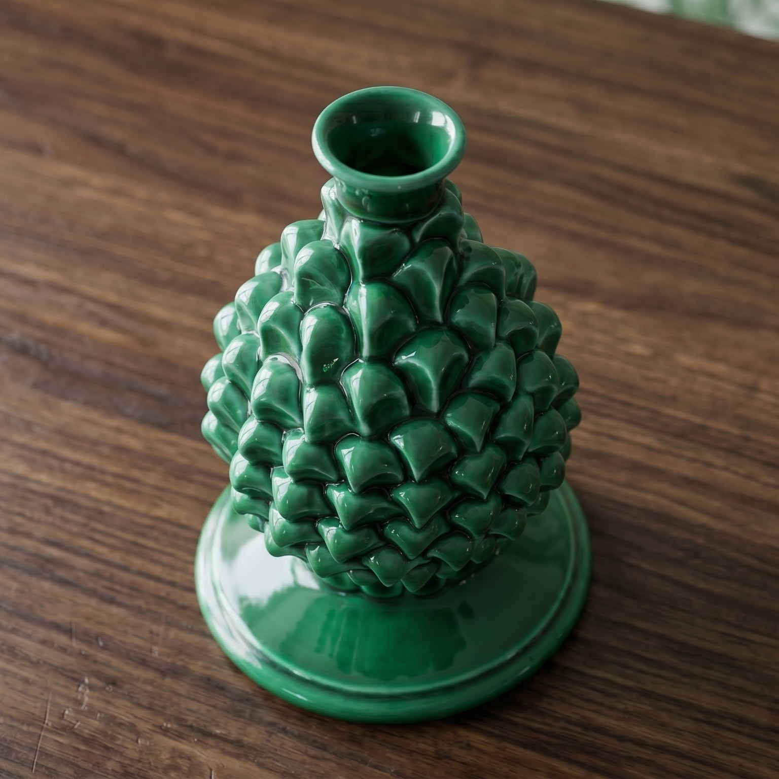 Portacandela a Pigna in Ceramica di Caltagirone h 18 cm — Verde Smeraldo | Bomboniera