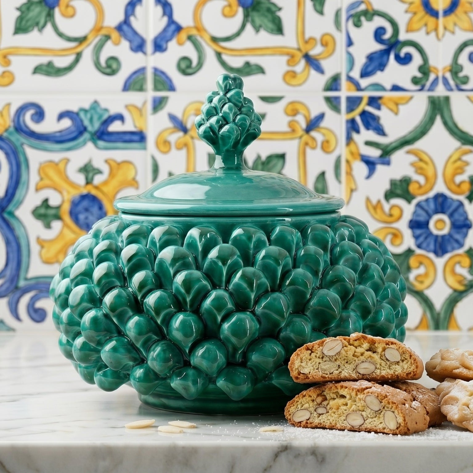 Biscottiera a Pigna in Ceramica di Caltagirone Ø 20 cm — Verde Smeraldo