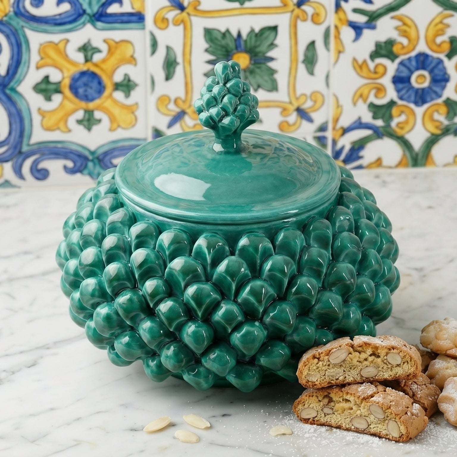 Biscottiera a Pigna in Ceramica di Caltagirone Ø 20 cm — Verde Smeraldo
