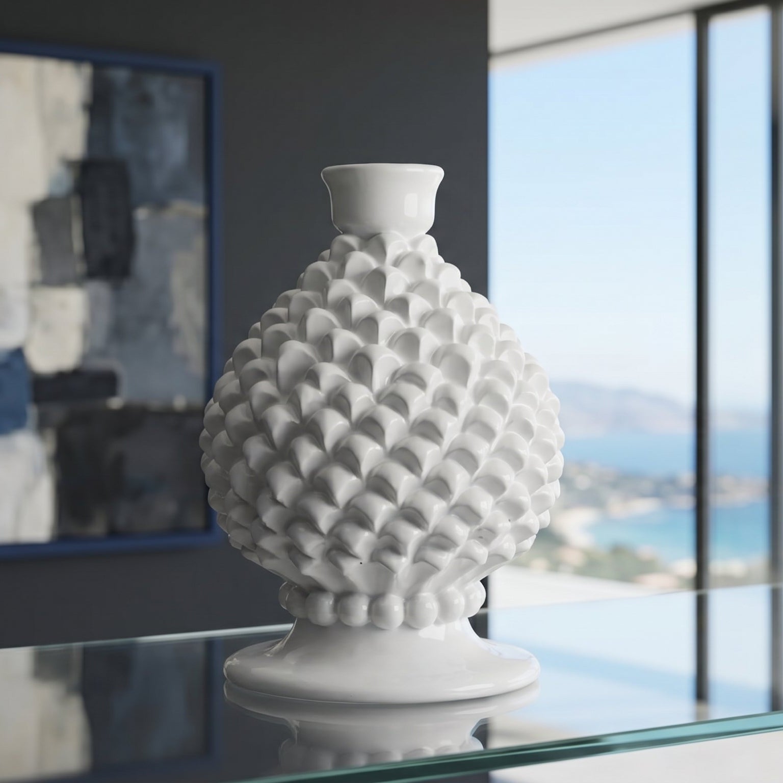 Portacandela a Pigna in Ceramica di Caltagirone h 18 cm — White Line | Bomboniera