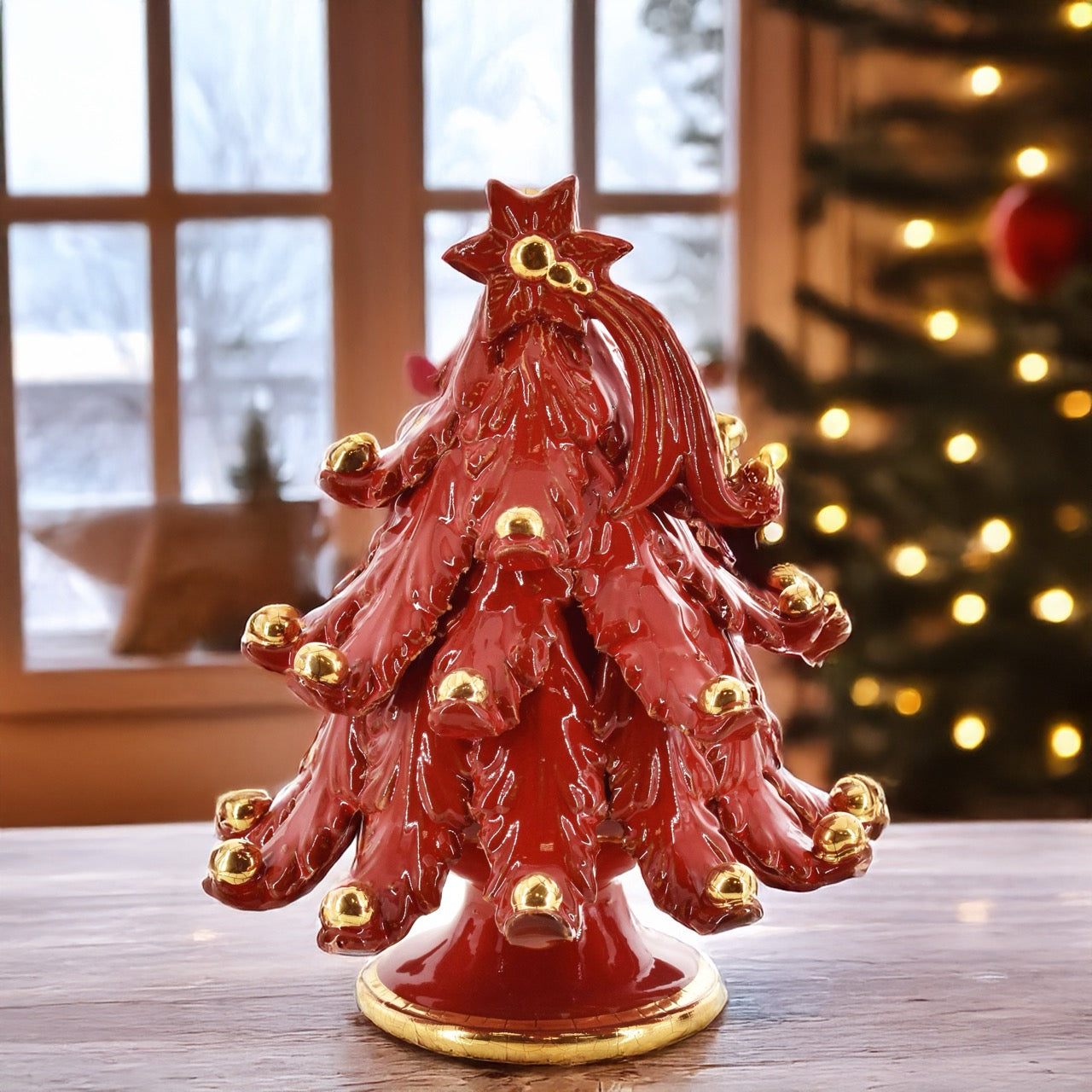 Albero di natale Moderno in colorazione Rosso Fuoco con applicazioni in oro