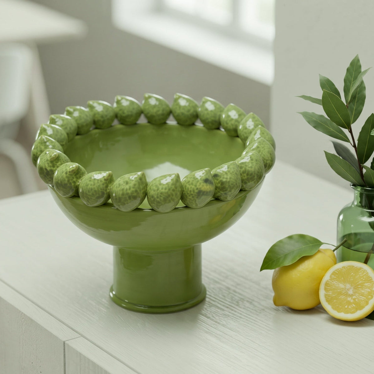 Alzata con Limoni Siciliani  - Verde foglia, Stile Moderno  | Ceramica Caltagirone