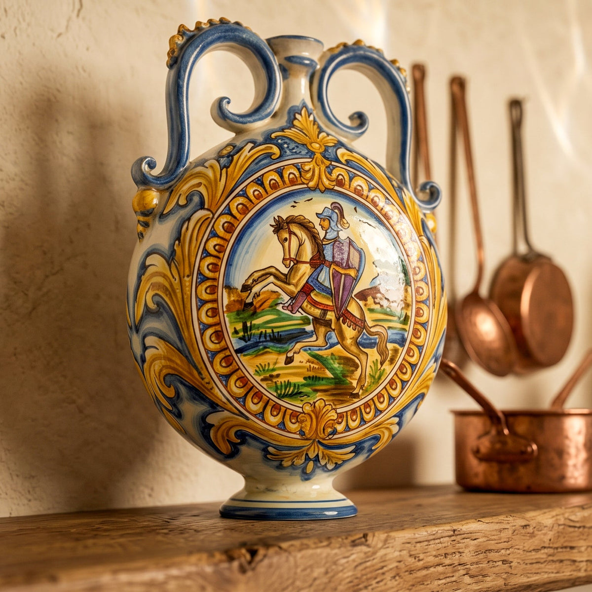 Fiasca a Ciambella in Ceramica di Caltagirone 23×32 cm - con Cavaliere, Antiche Riproduzioni