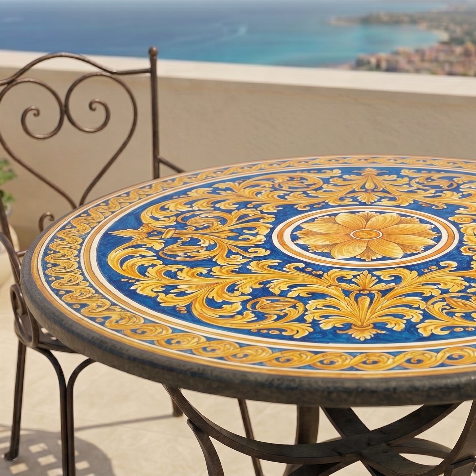 Tavolo in Pietra Lavica di Caltagirone — Ornato Fondo Blu
