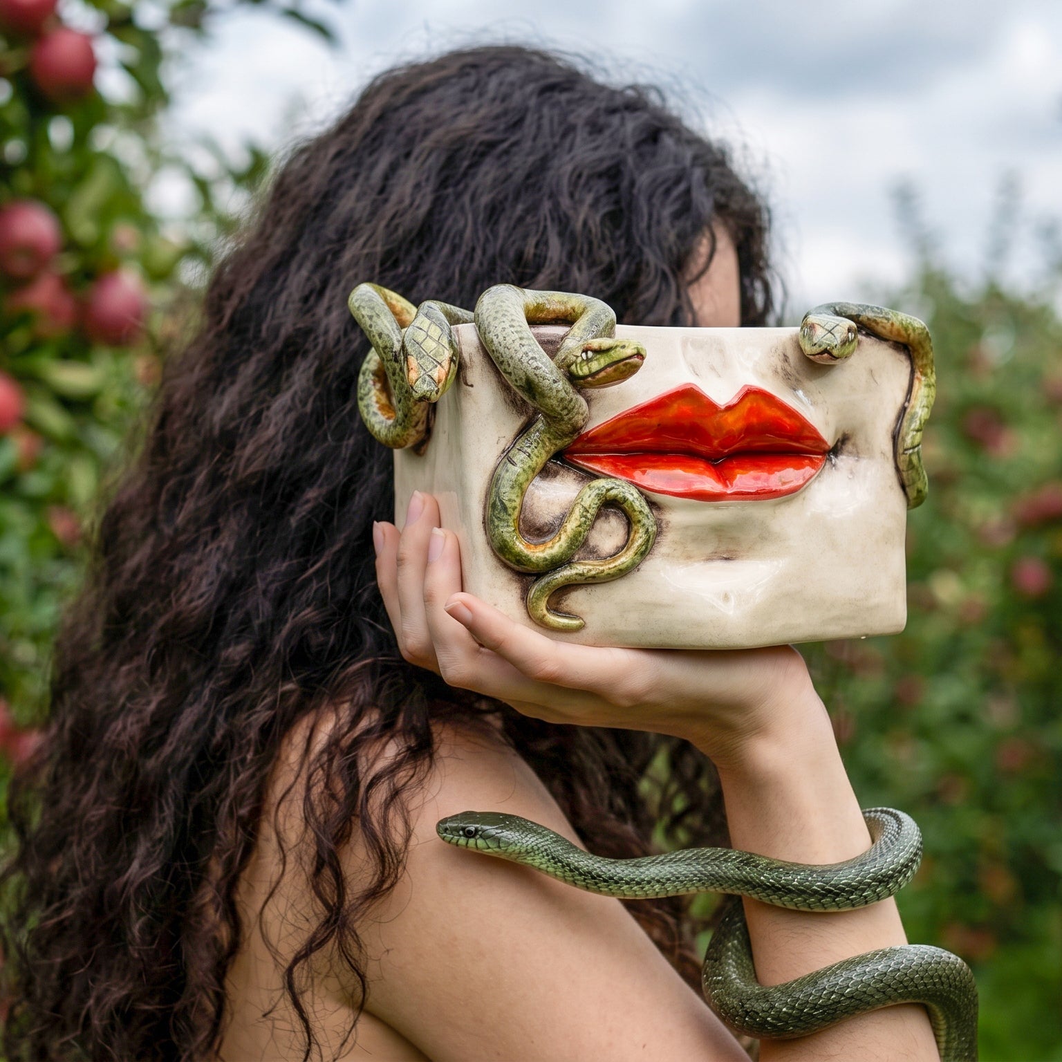 Scatola Medusa in Ceramica di Caltagirone — Labbra Oro e Lustri, Serpenti Applicati, Madreperla Antichizzato