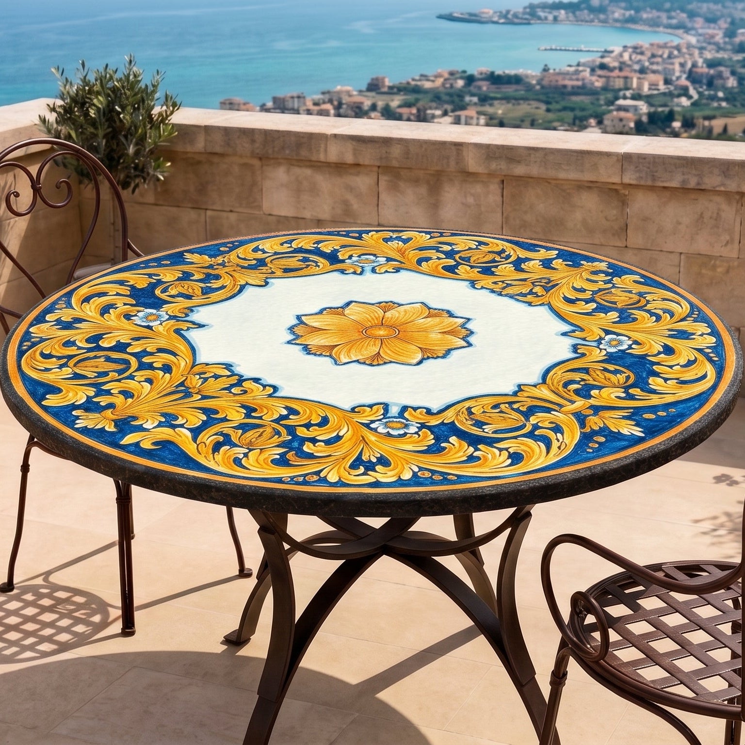 Tavolo in Pietra Lavica di Caltagirone — Cornice, Ornato Fondo Blu