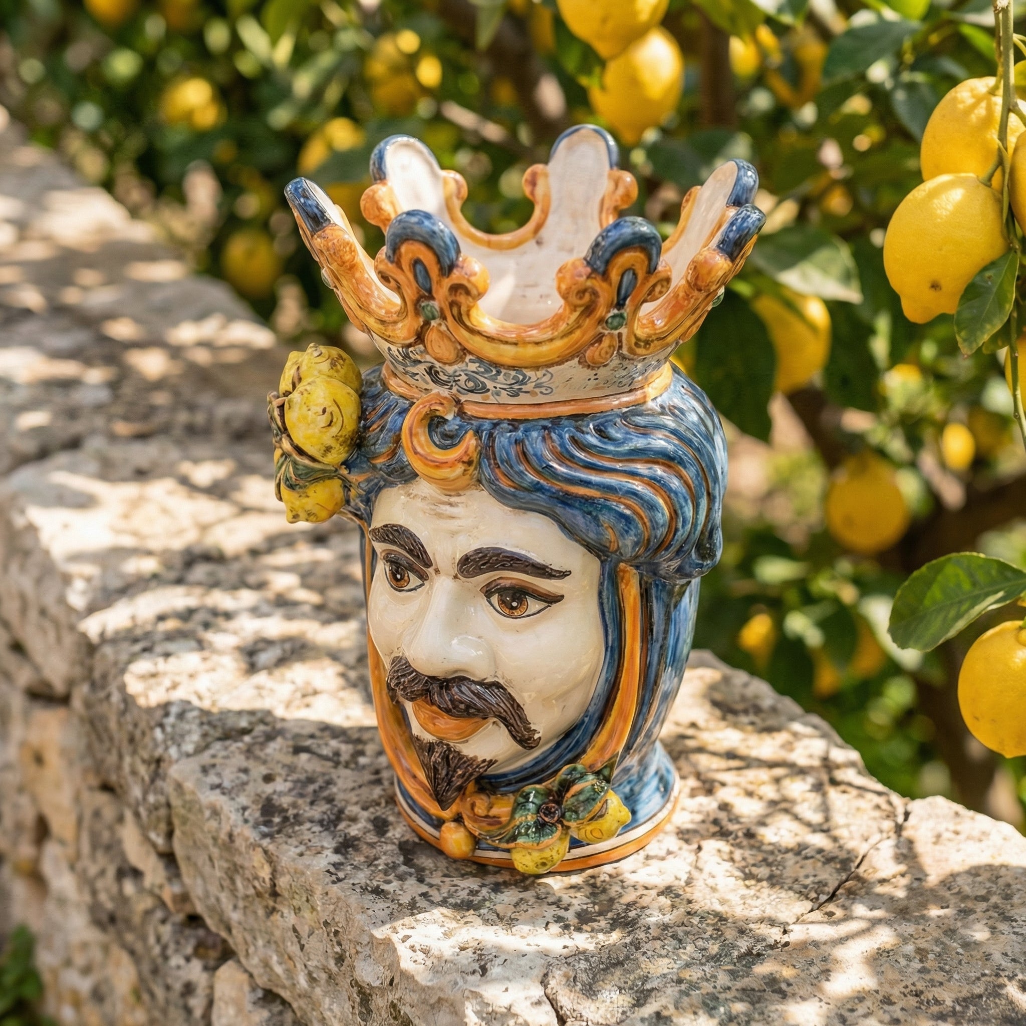 Testa di Moro con Limoni h 40 cm — Maschio Bianco, Blu e Arancio