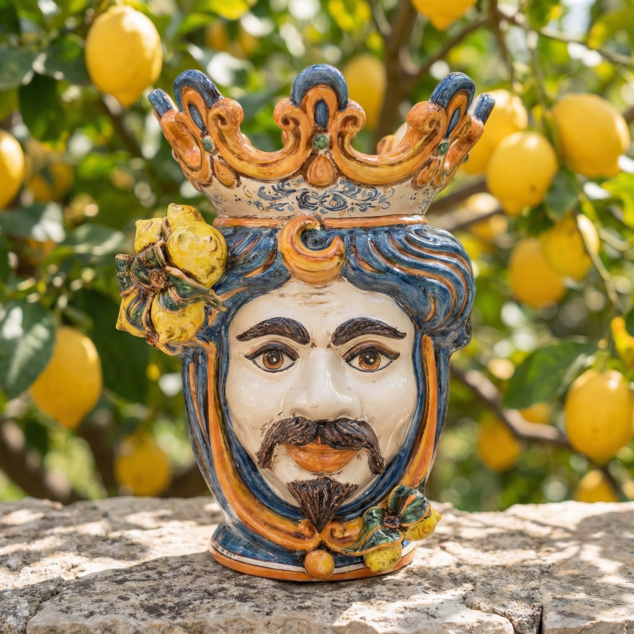 Testa di Moro con Limoni h 40 cm — Maschio Bianco, Blu e Arancio