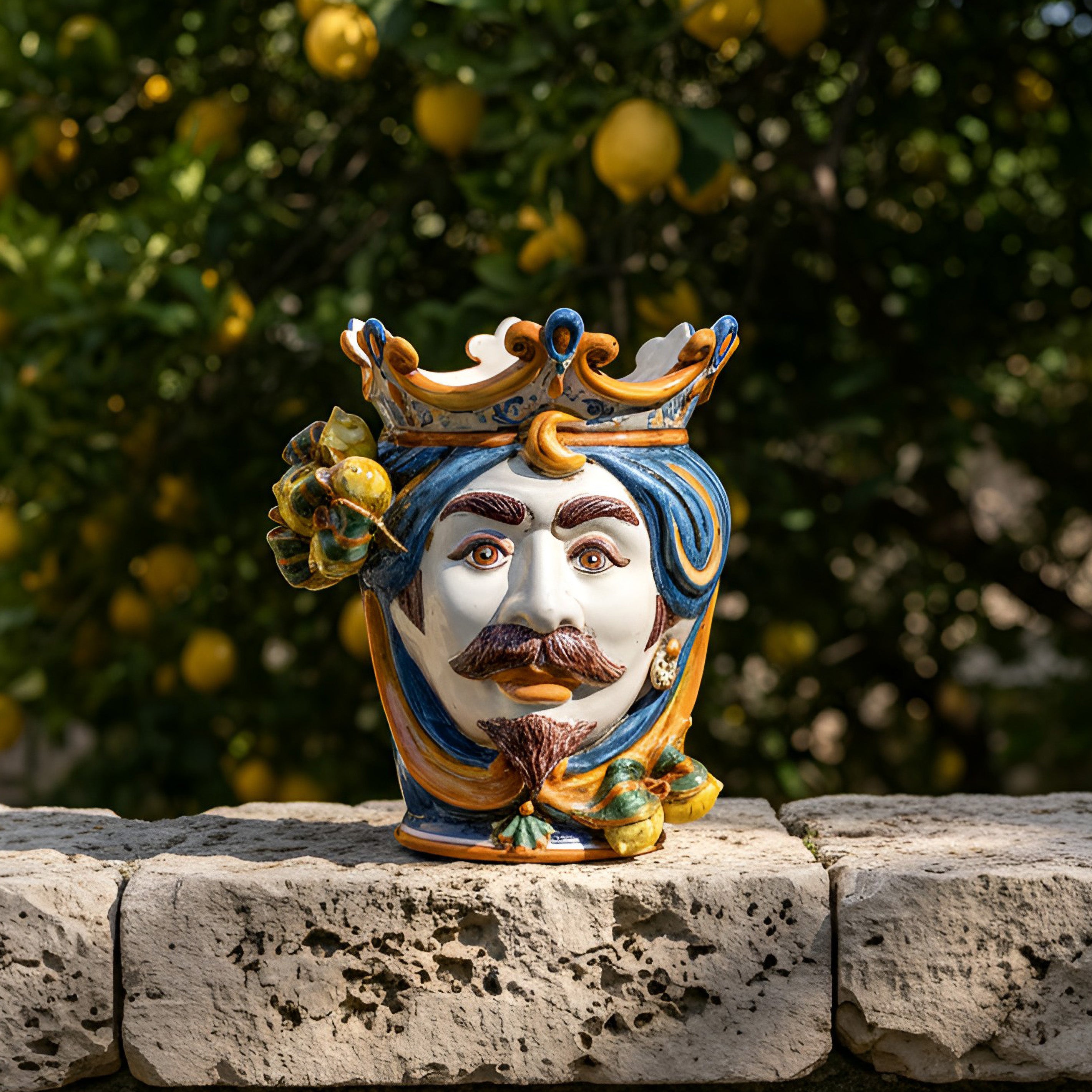 Testa h 25 cm limoni blu e arancio maschio bianco