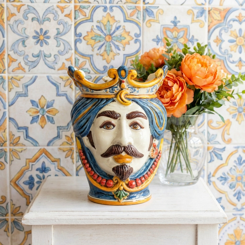 Testa di Moro con Perline h 25 cm — Maschio Bianco, Decoro Sicily