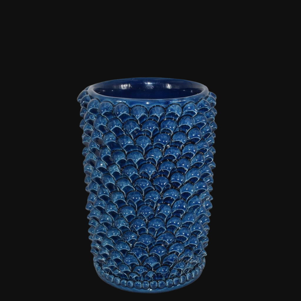 Vaso cilindro pigna di Caltagirone modellata a mano altezza 25 cm in blu intenso