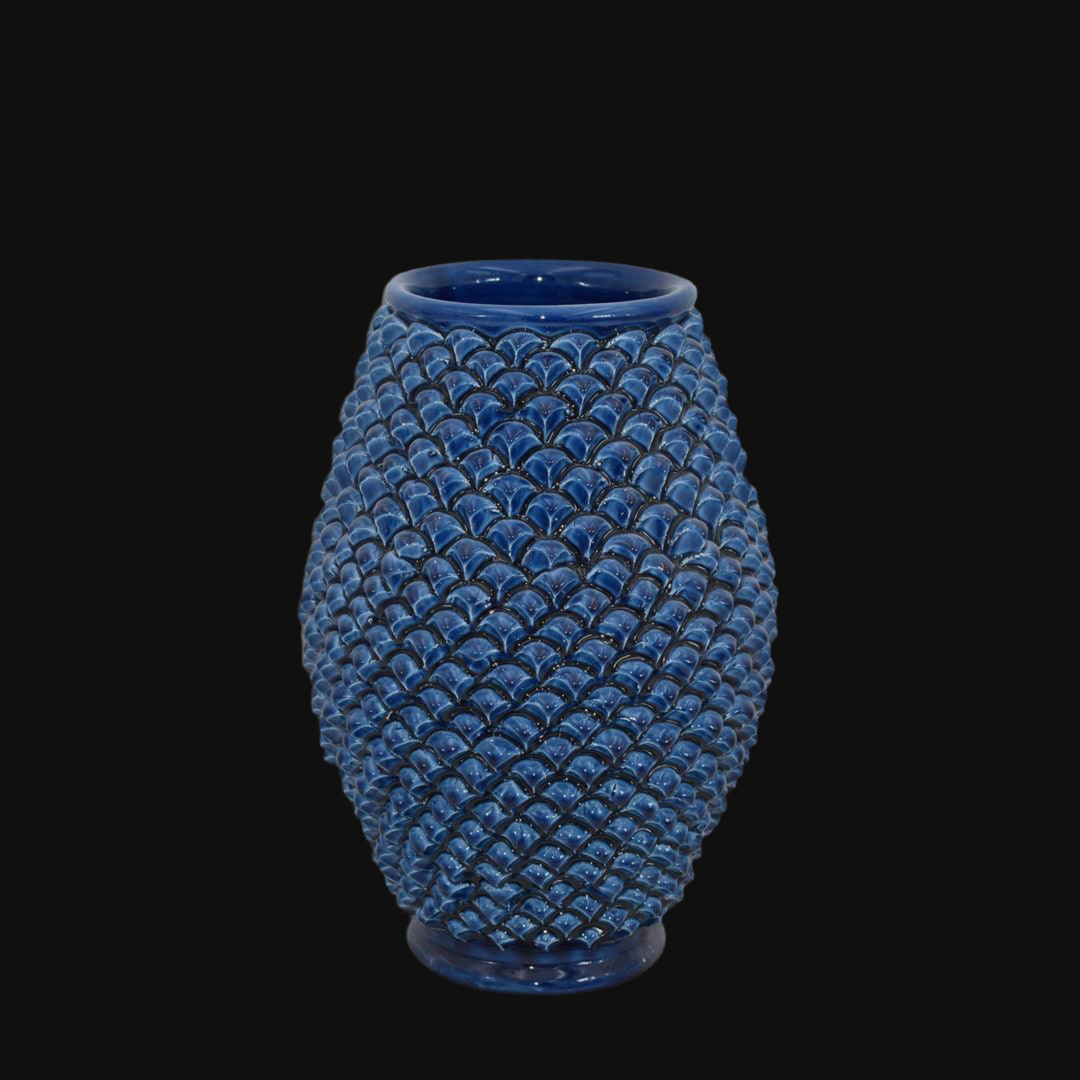 Vaso pigna di Caltagirone modellata a mano altezza 25 cm in blu intenso