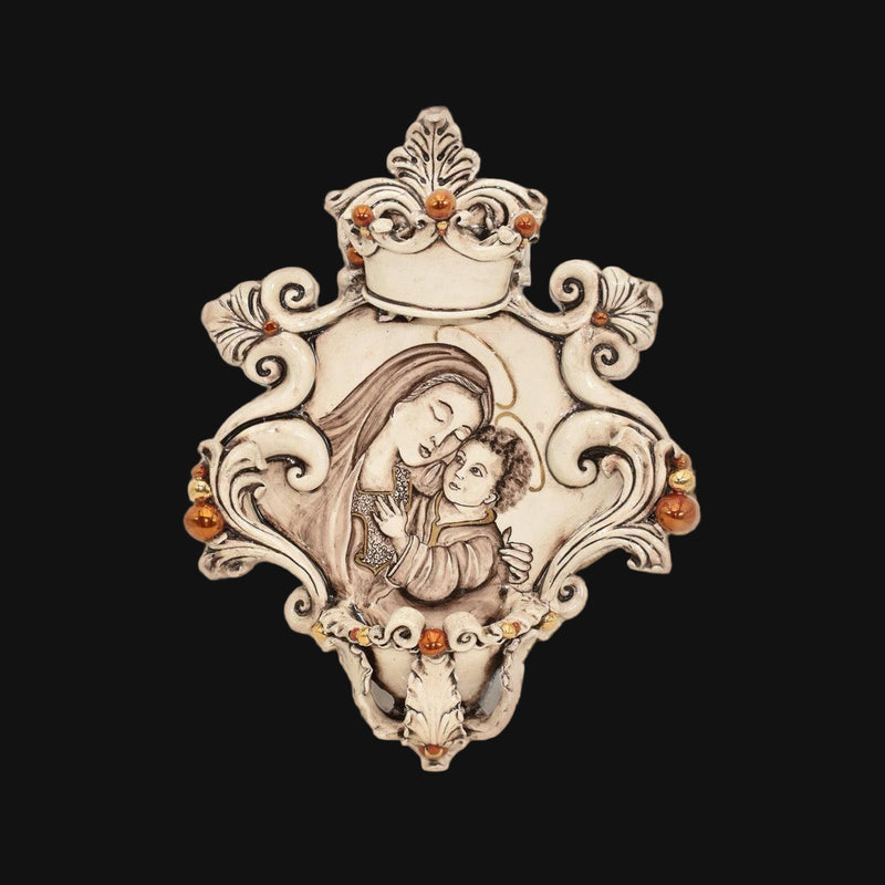 Acquasantiera Grande in Ceramica di Caltagirone 25x35 cm — Madonna Maria con Gesù, Madreperla Antichizzato