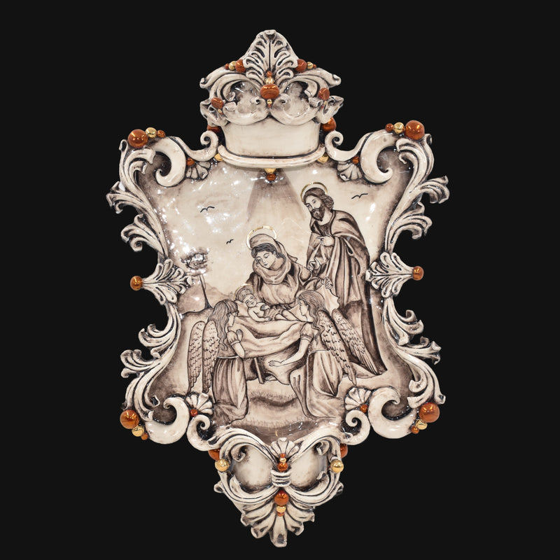 Acquasantiera Maxi Rettangolare in Ceramica di Caltagirone 35x45 cm — Natività con Angeli, Madreperla