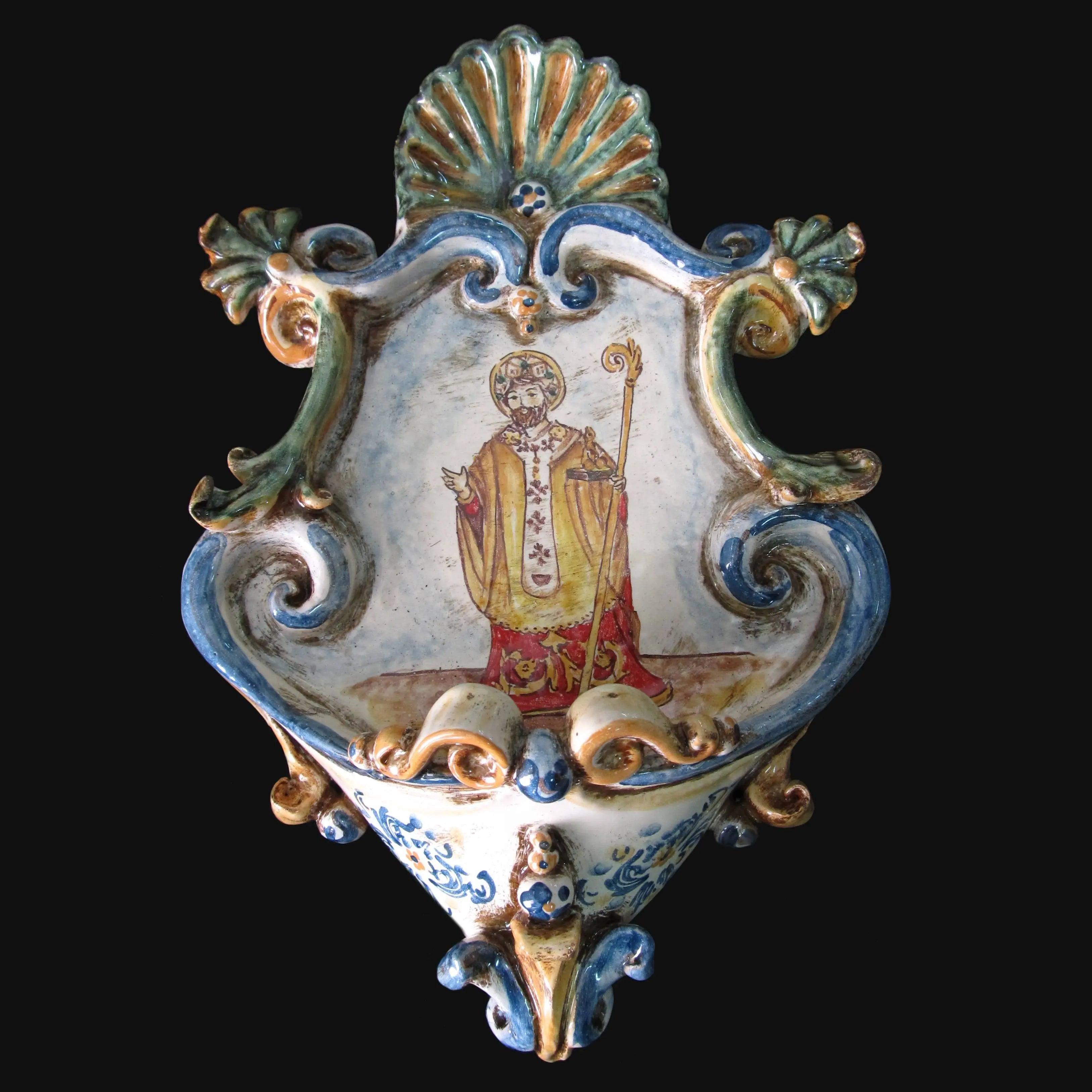 Acquasantiera piccola appl 15x25 san nicola di bari tricolore - Ceramiche di Caltagirone Sofia