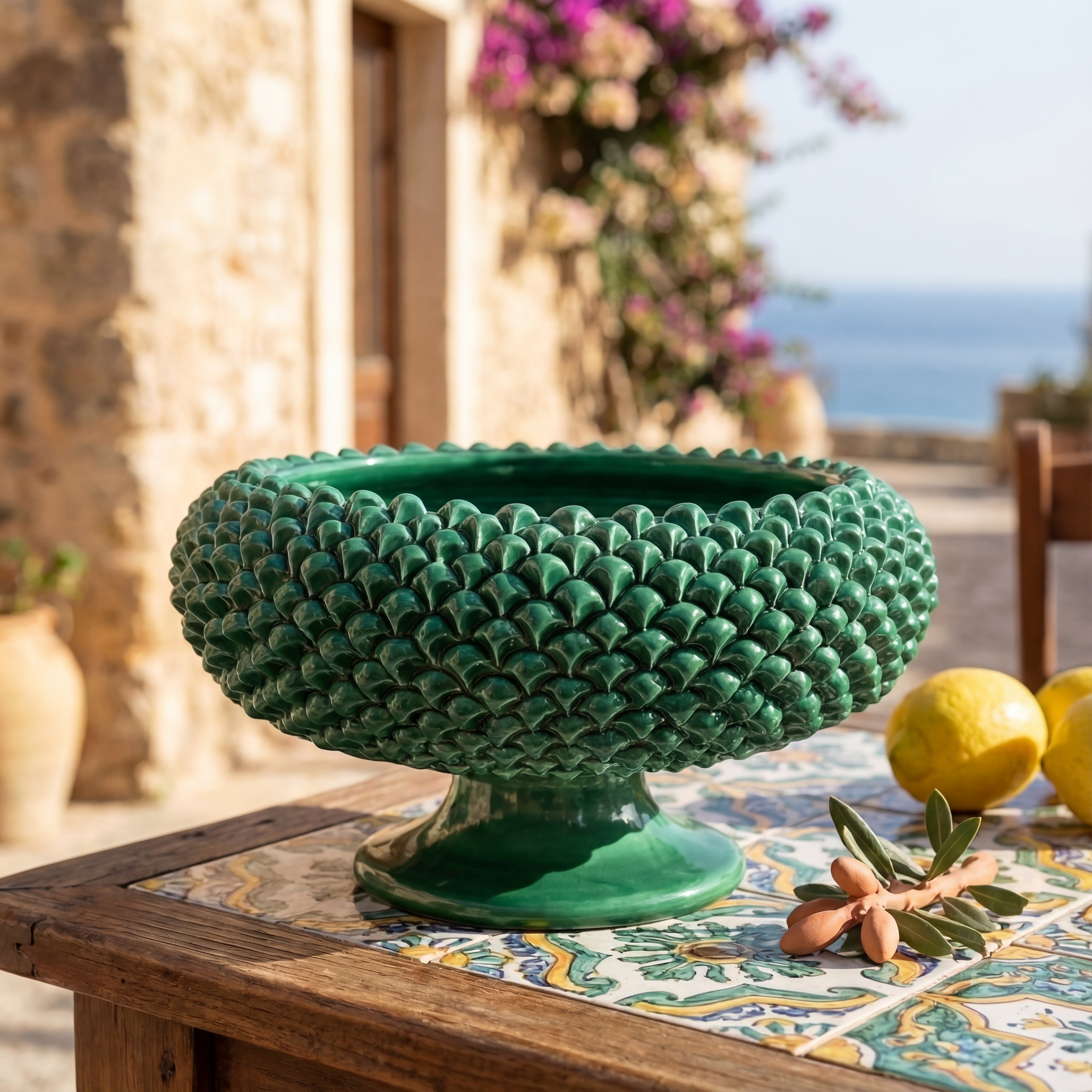 Alzata a Pigna diam. 25/33 cm Verde Smeraldo in ceramica di Caltagirone - Ceramiche di Caltagirone Sofia