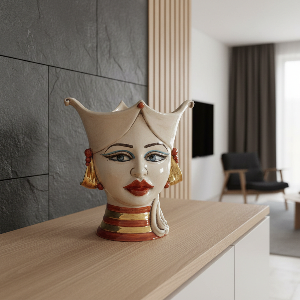 Testa di Moro "Aisha" 25 cm Madreperla oro e Lustri - Viso di Donna in Ceramica