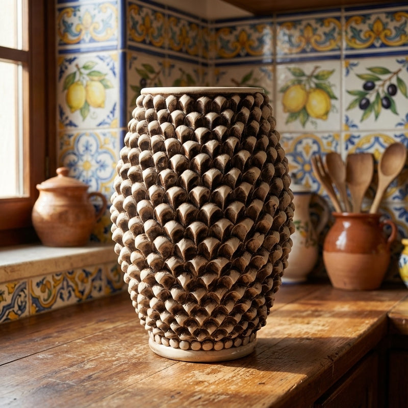 Vaso pigna di Caltagirone madreperla antichizzato modellata a mano