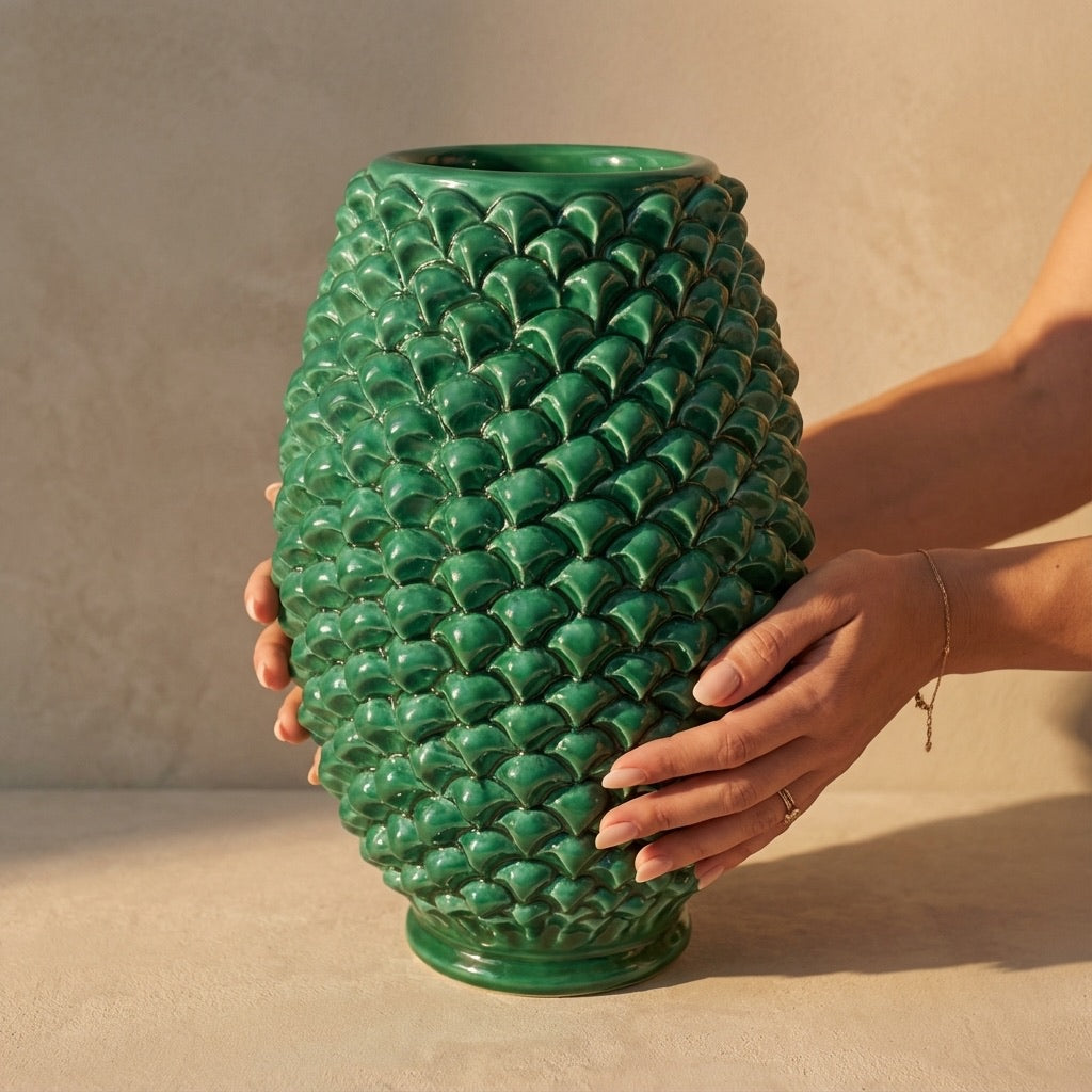 Vaso pigna di Caltagirone verde smeraldo modellata a mano