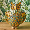 Gufo h 30 verde/arancio - Animali in ceramica