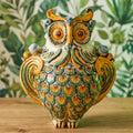 Gufo h 30 verde/arancio - Animali in ceramica