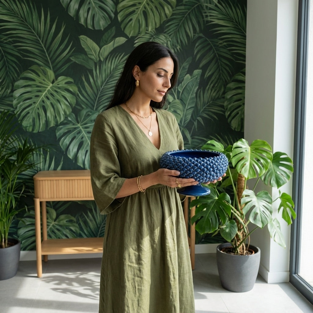 Alzata a Pigna diam. 25/33 cm Blu intenso in ceramica di Caltagirone