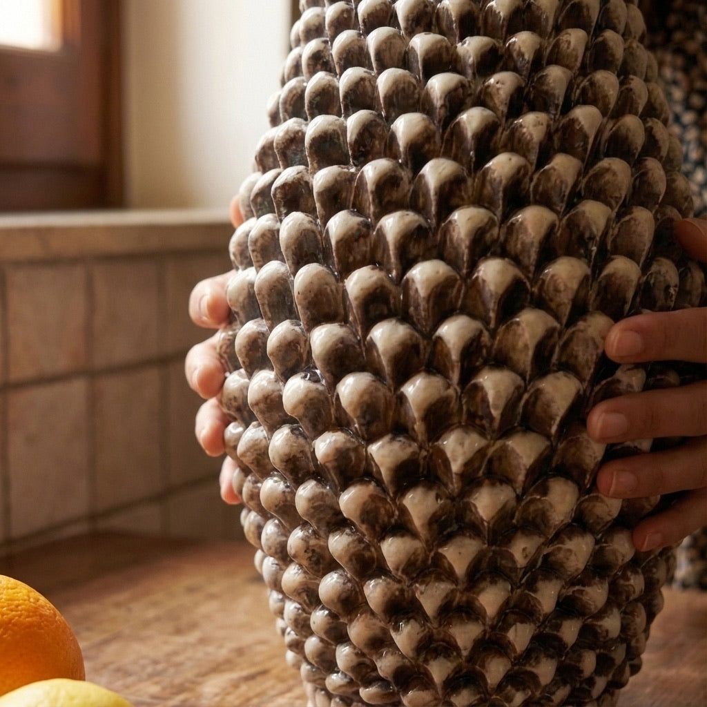 Vaso pigna di Caltagirone madreperla antichizzato modellata a mano