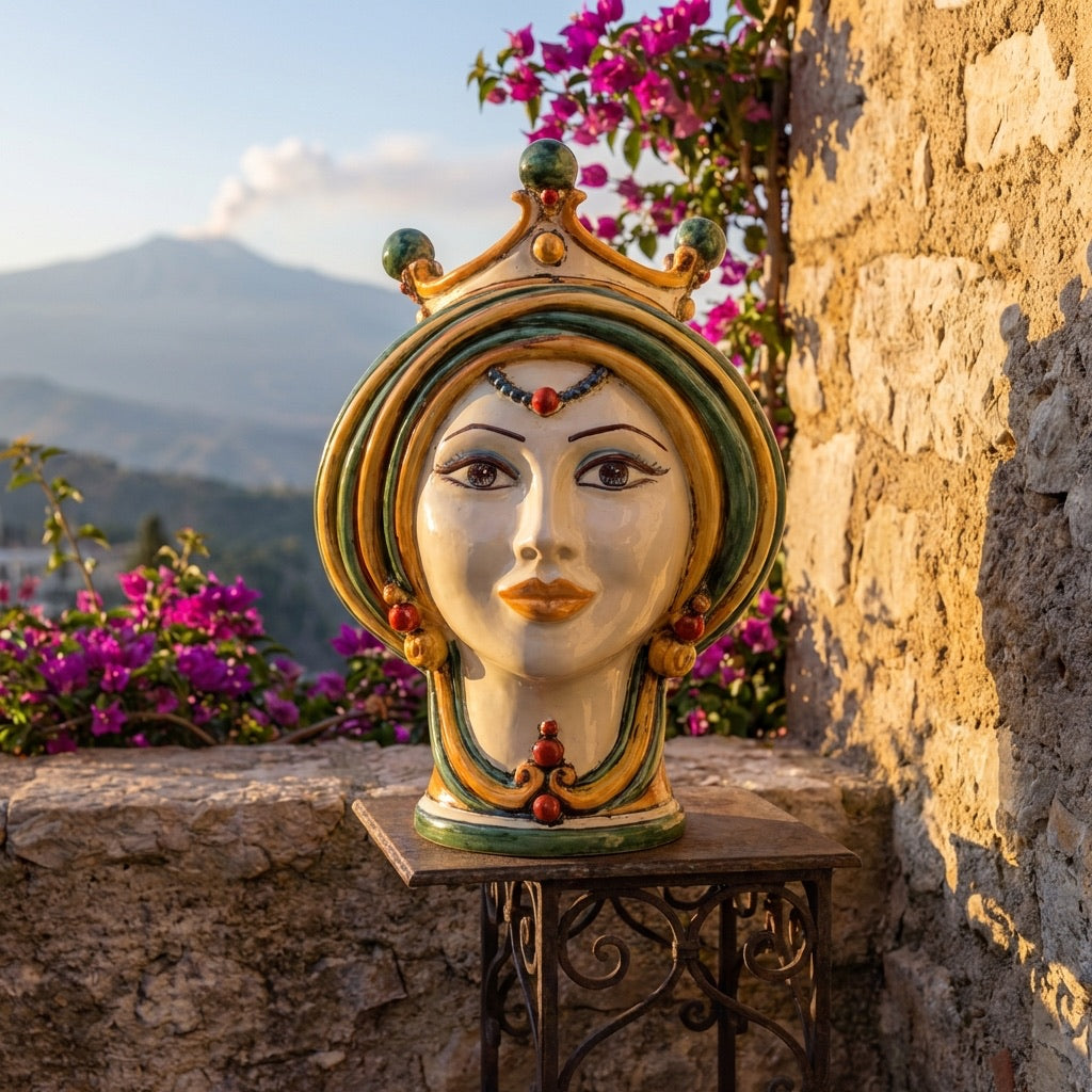 Testa di moro h 30 in verde e arancio donna in Ceramica di Caltagirone